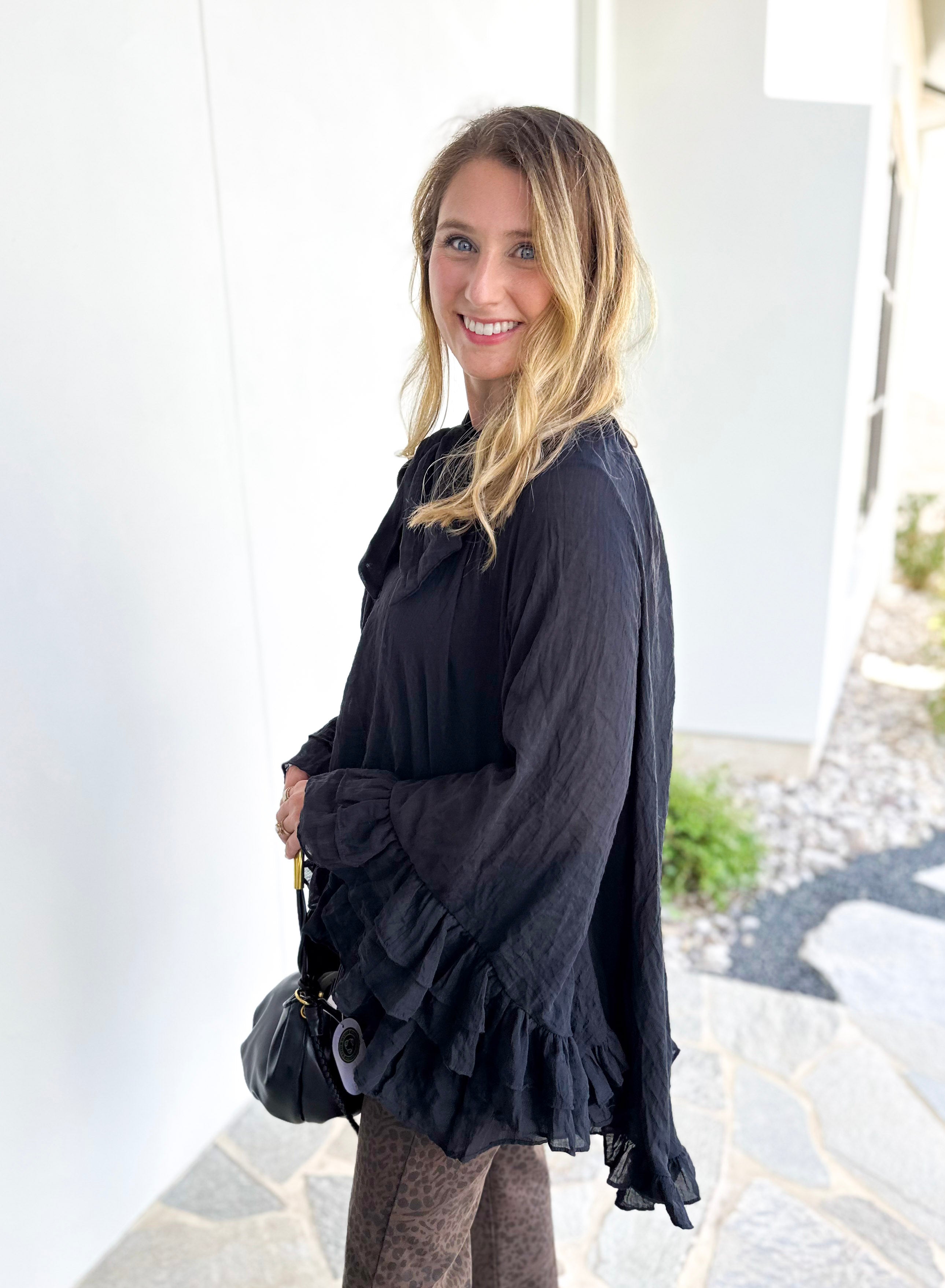 Feminine Flowy Ruffled Blouse - Black-200 Fashion Blouses-TCEC-July & June Women's Fashion Boutique Located in San Antonio, Texas