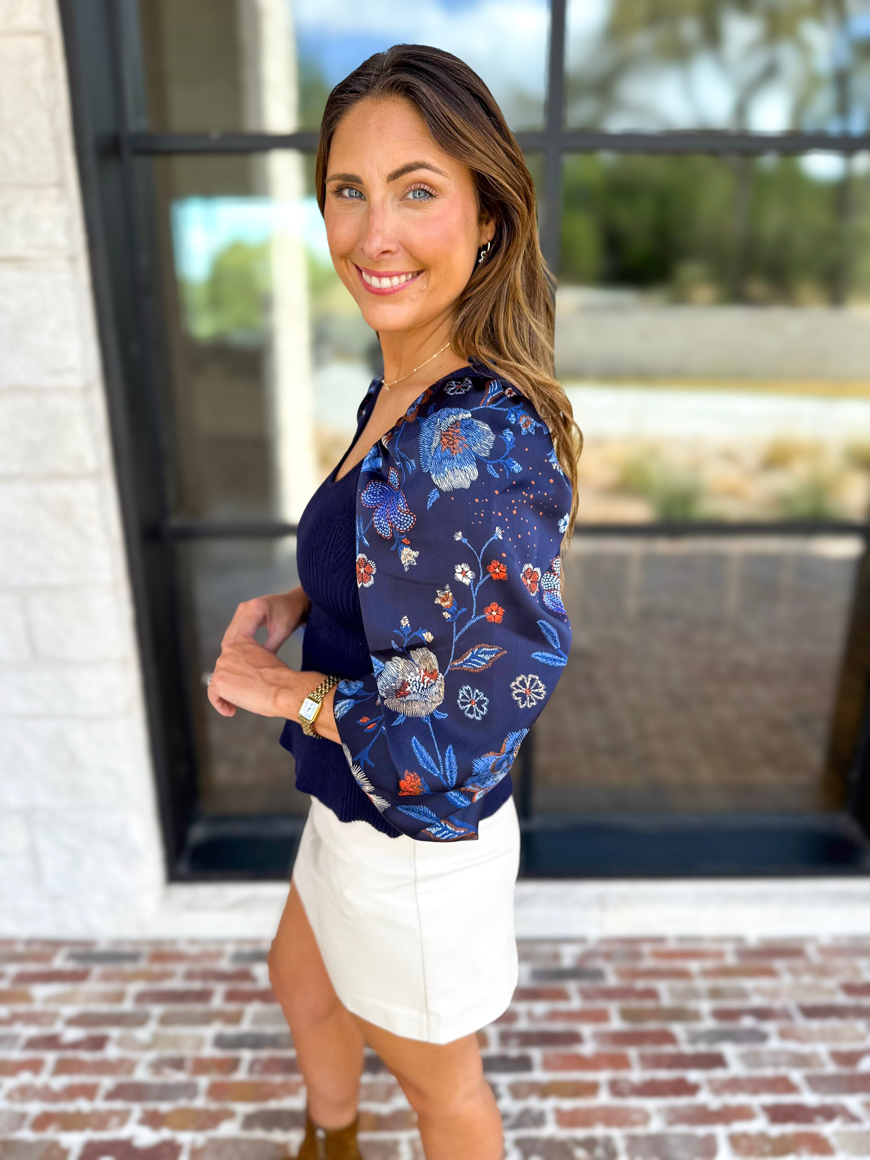 Midnight Floral Sheer Sleeve & Knit Top-230 Sweaters/Cardis-SKIES ARE BLUE-July & June Women's Fashion Boutique Located in San Antonio, Texas
