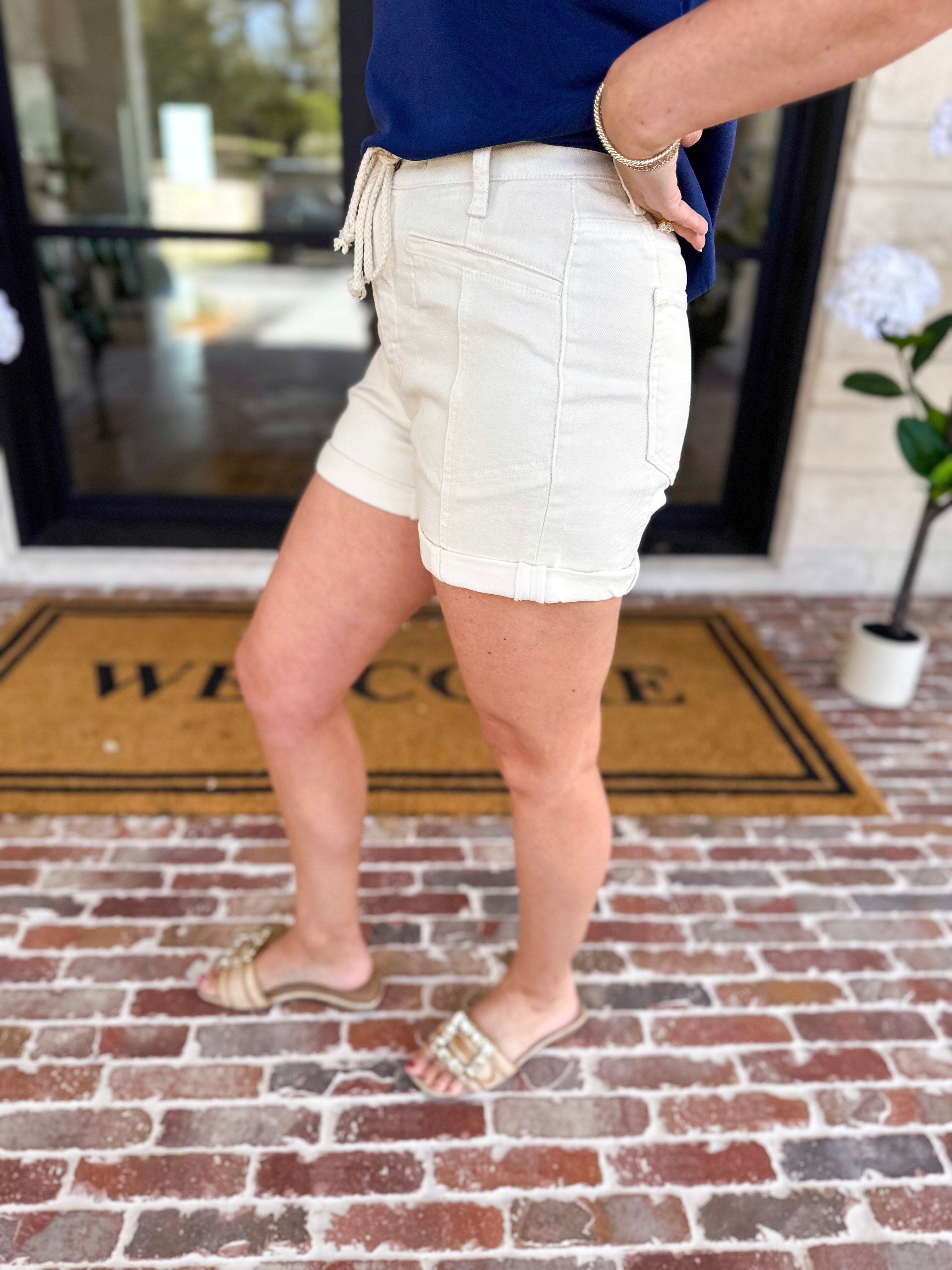 Vervet - Cream Drawstring Denim Shorts-410 Shorts/Skirts-VEVERT BY FLYING MONKEY-July & June Women's Fashion Boutique Located in San Antonio, Texas