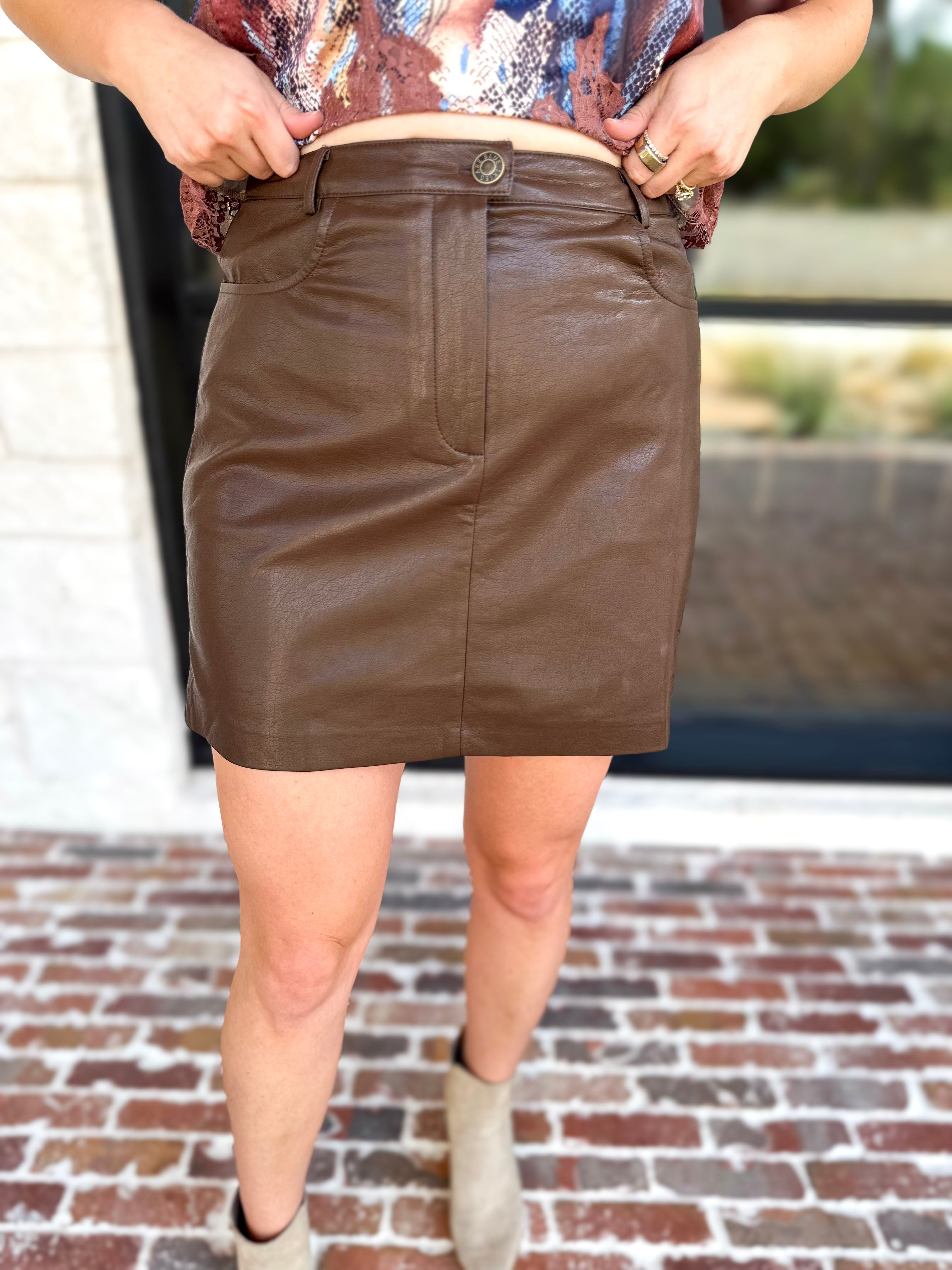 Faux Leather Mini Skirt - Chocolate-410 Shorts/Skirts-SKIES ARE BLUE-July & June Women's Fashion Boutique Located in San Antonio, Texas