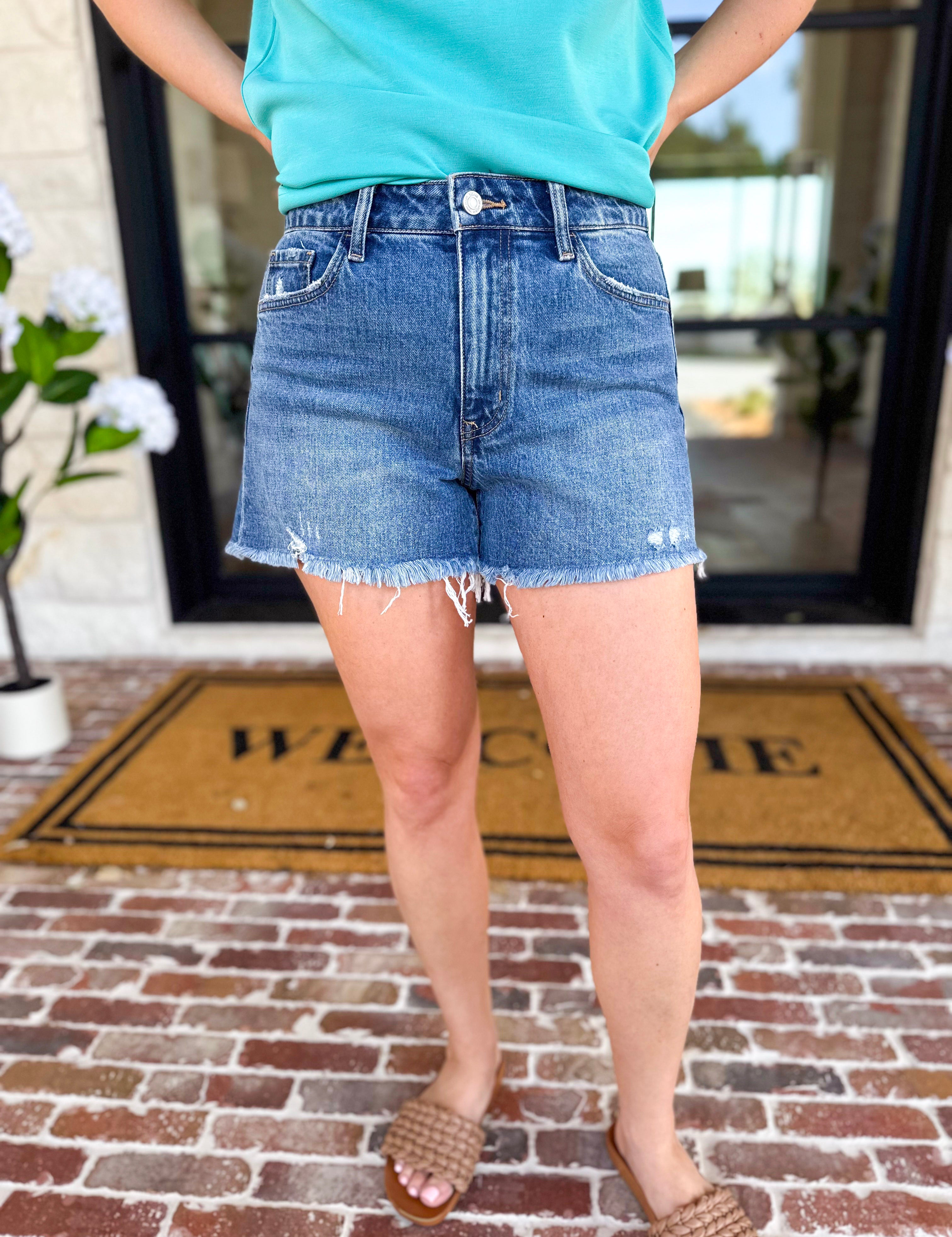 Vervet - High Rise A-Line Denim Shorts-410 Shorts/Skirts-VEVERT BY FLYING MONKEY-July & June Women's Fashion Boutique Located in San Antonio, Texas