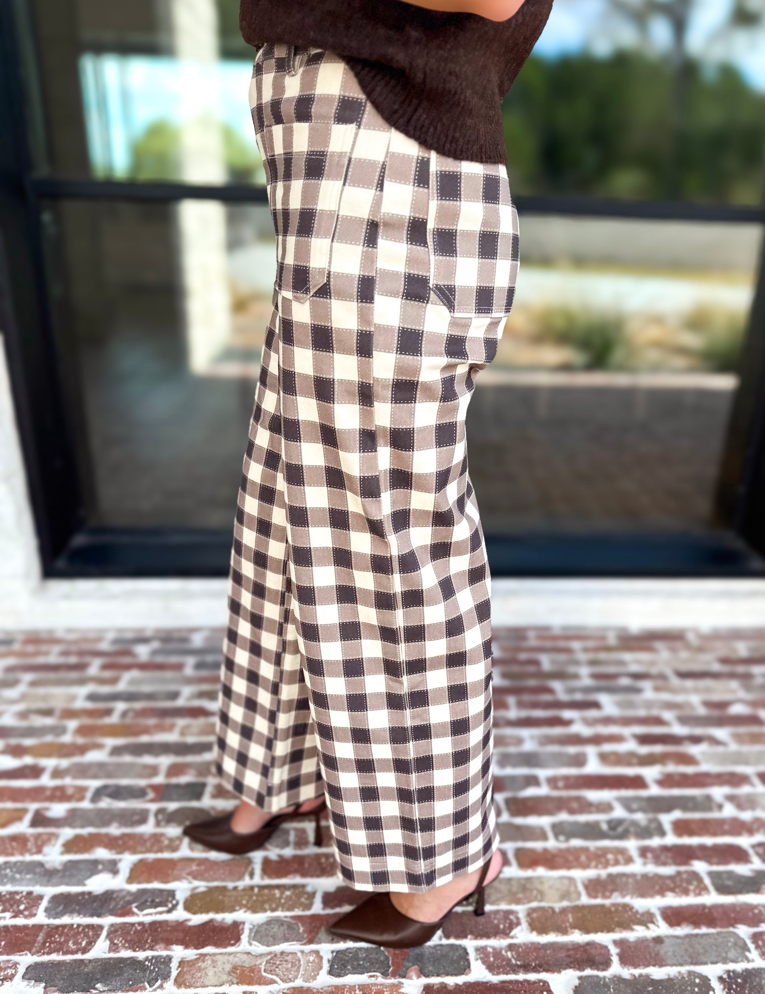 Mocha Cream Checkered Pants-400 Pants-ENTRO-July & June Women's Fashion Boutique Located in San Antonio, Texas