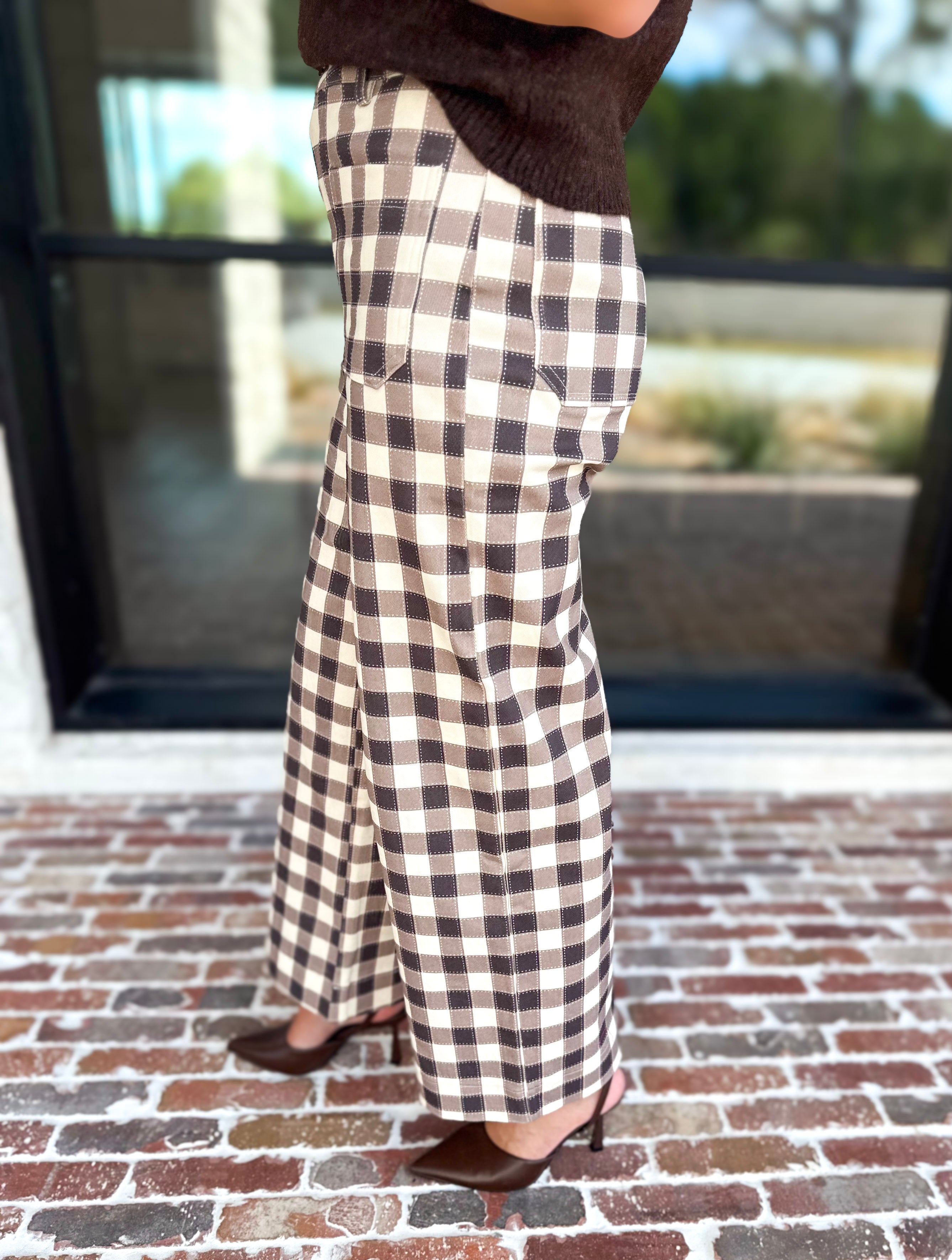 Mocha Cream Checkered Pants-400 Pants-ENTRO-July & June Women's Fashion Boutique Located in San Antonio, Texas