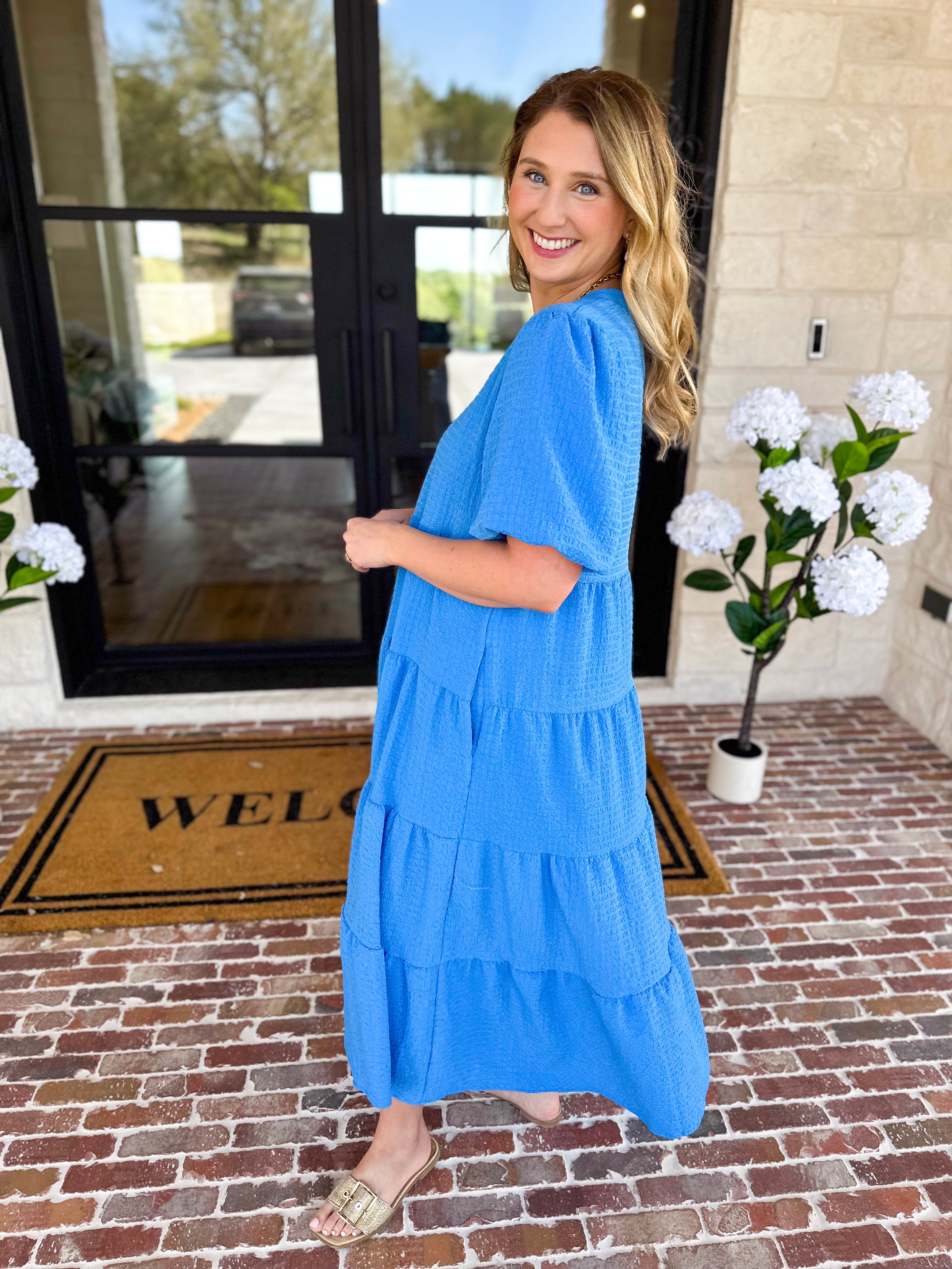 Mary Square - Kinsley Blue Midi Dress-500 Midi-MARY SQUARE-July & June Women's Fashion Boutique Located in San Antonio, Texas