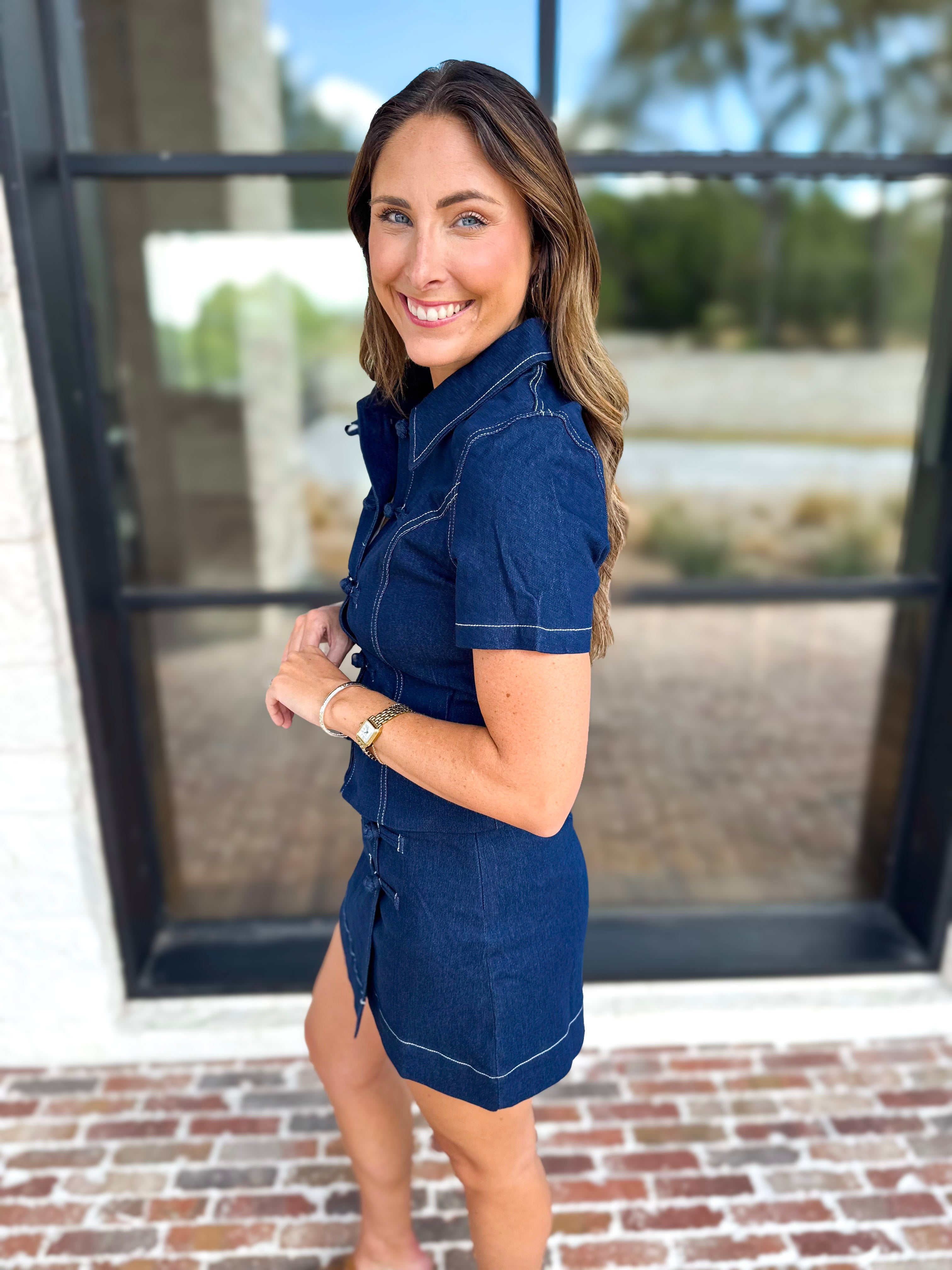 Kendall Fit and Flare Denim Top-200 Fashion Blouses-TCEC-July & June Women's Fashion Boutique Located in San Antonio, Texas