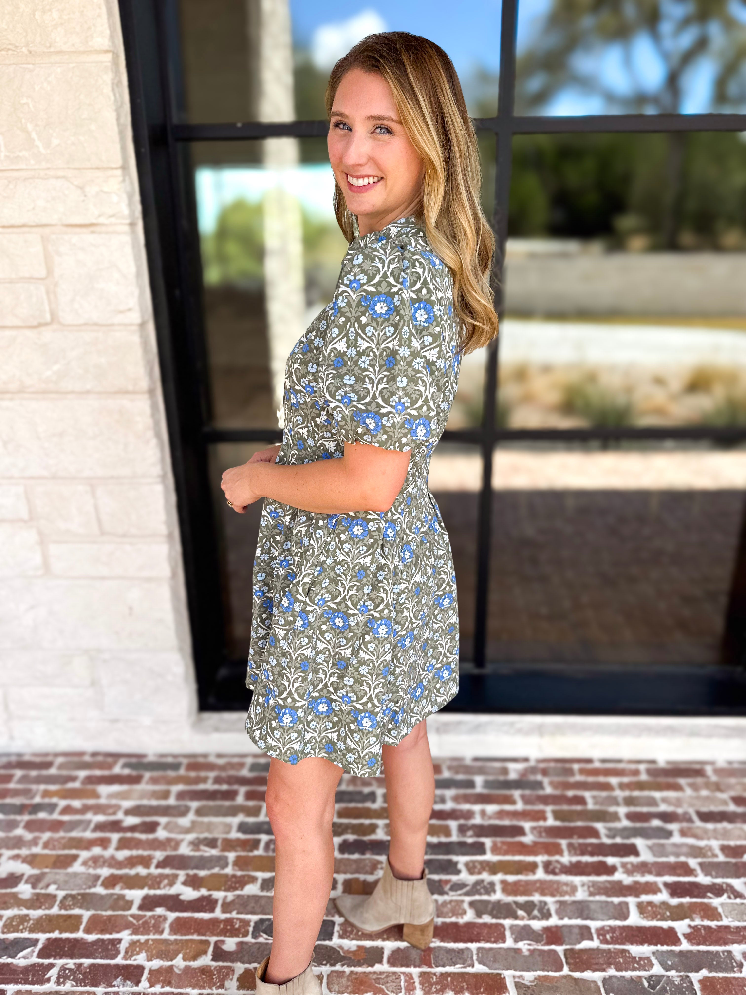 Mary Square - Olive Floral Puff Sleeve Midi Dress-510 Mini-MARY SQUARE-July & June Women's Fashion Boutique Located in San Antonio, Texas