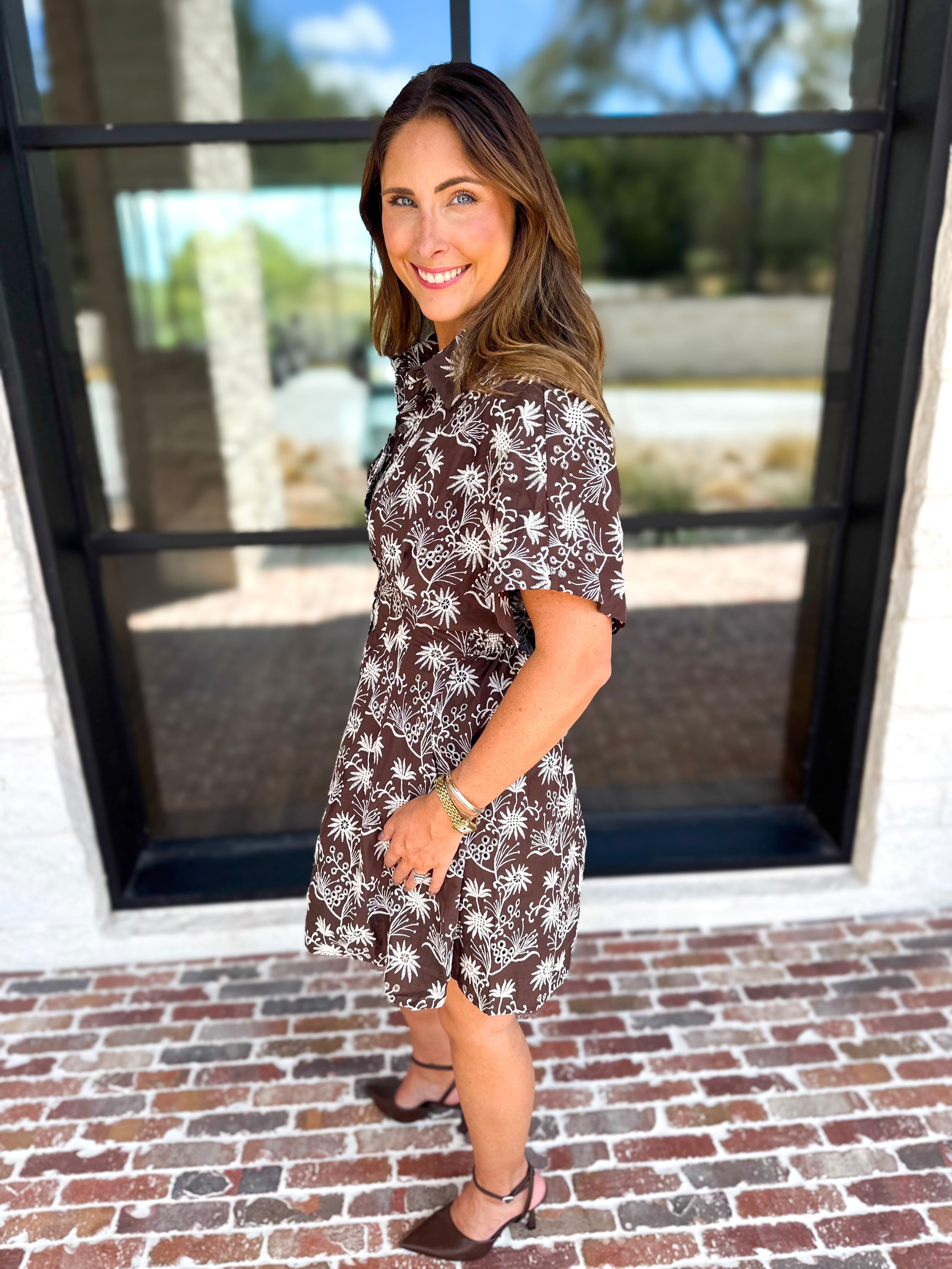 Mocha Floral Cinched Mini Dress-510 Mini-FATE-July & June Women's Fashion Boutique Located in San Antonio, Texas