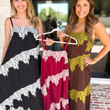 Colette Feminine Lace Midi Dress - Brown & Chartreuse-500 Midi-TCEC-July & June Women's Fashion Boutique Located in San Antonio, Texas
