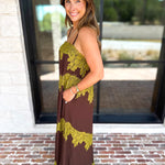 Colette Feminine Lace Midi Dress - Brown & Chartreuse-500 Midi-TCEC-July & June Women's Fashion Boutique Located in San Antonio, Texas
