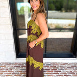 Colette Feminine Lace Midi Dress - Brown & Chartreuse-500 Midi-TCEC-July & June Women's Fashion Boutique Located in San Antonio, Texas