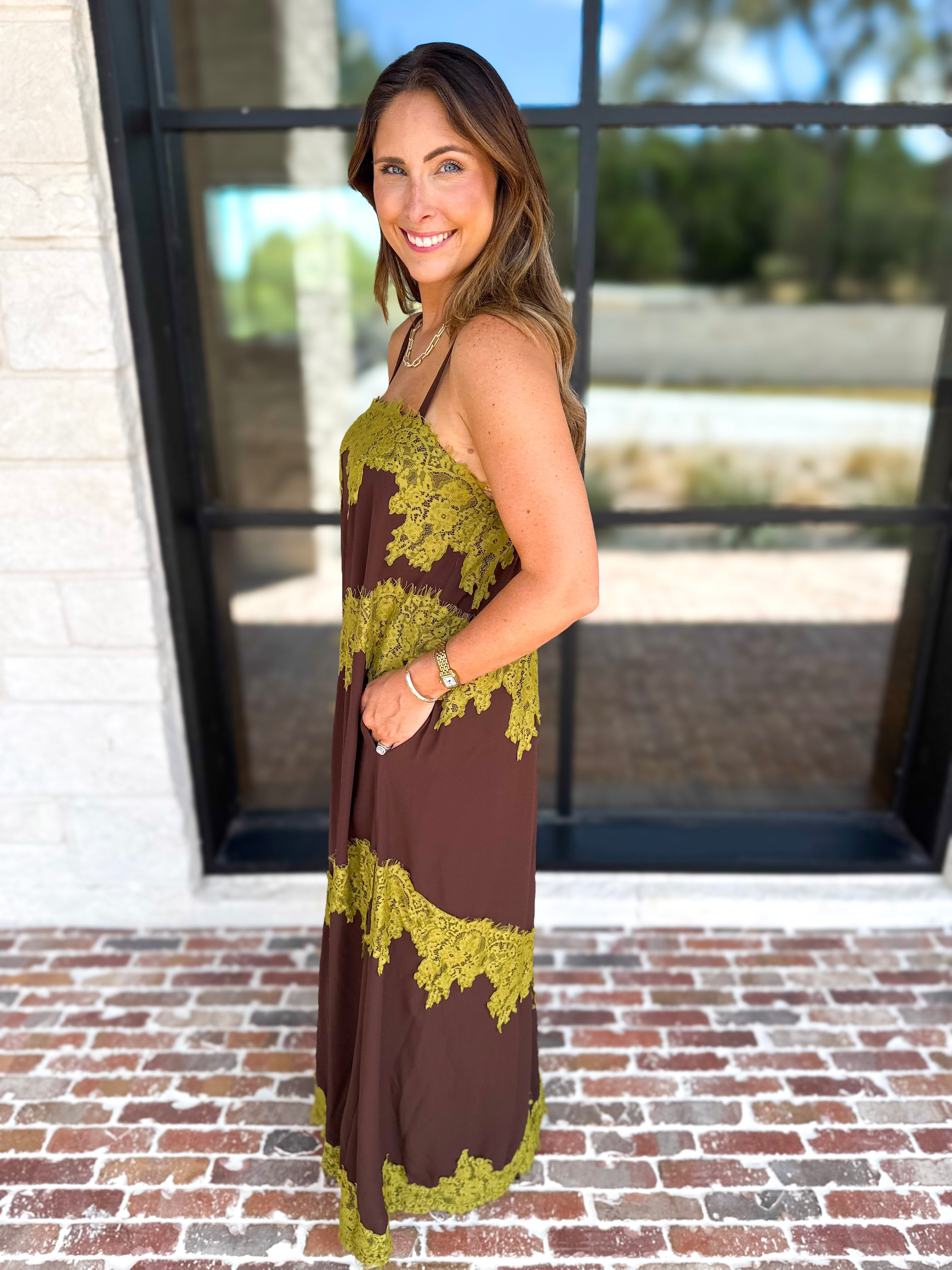 Colette Feminine Lace Midi Dress - Brown & Chartreuse-500 Midi-TCEC-July & June Women's Fashion Boutique Located in San Antonio, Texas