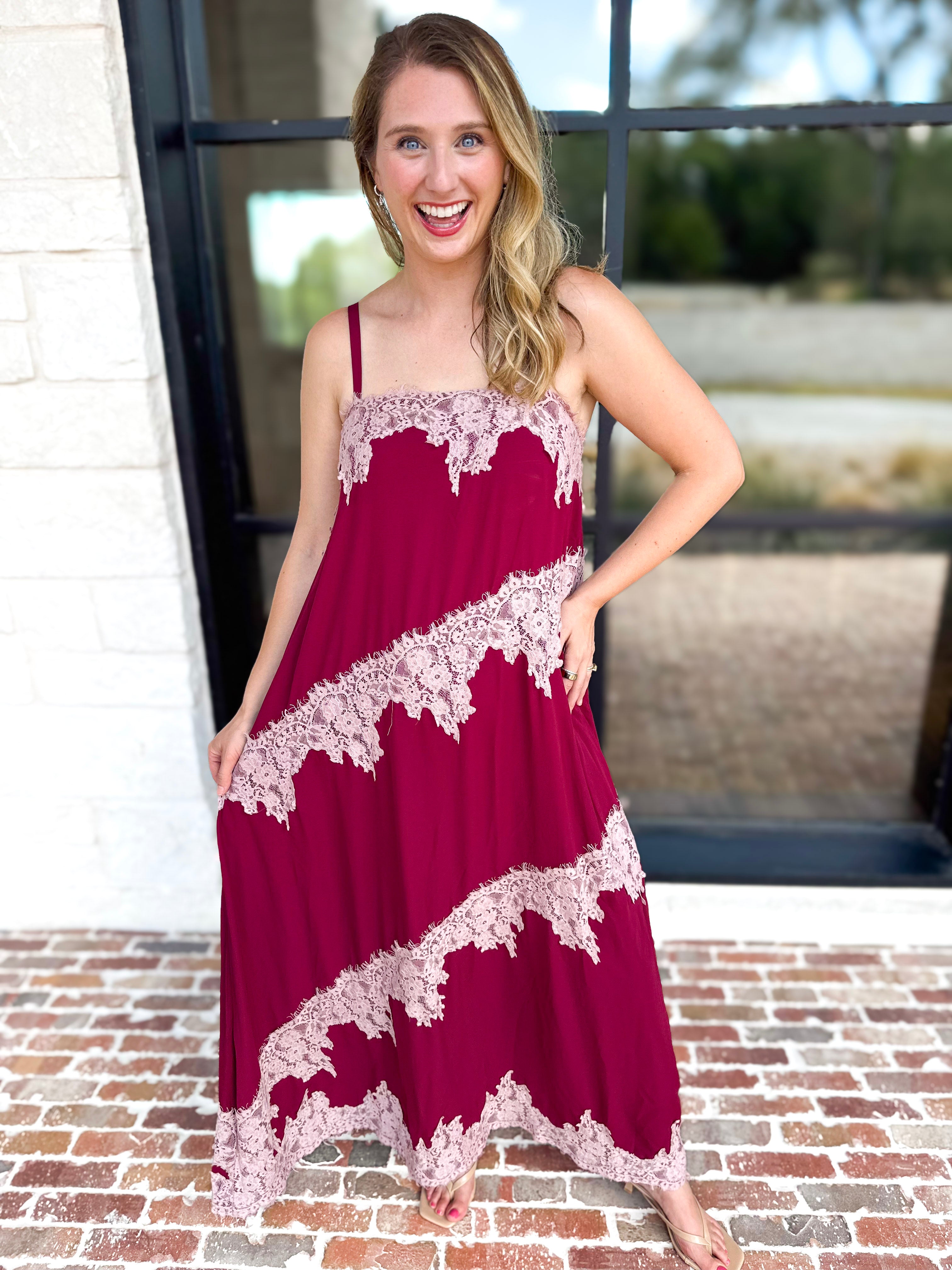 Colette Feminine Lace Midi Dress - Burgundy & Blush-500 Midi-TCEC-July & June Women's Fashion Boutique Located in San Antonio, Texas