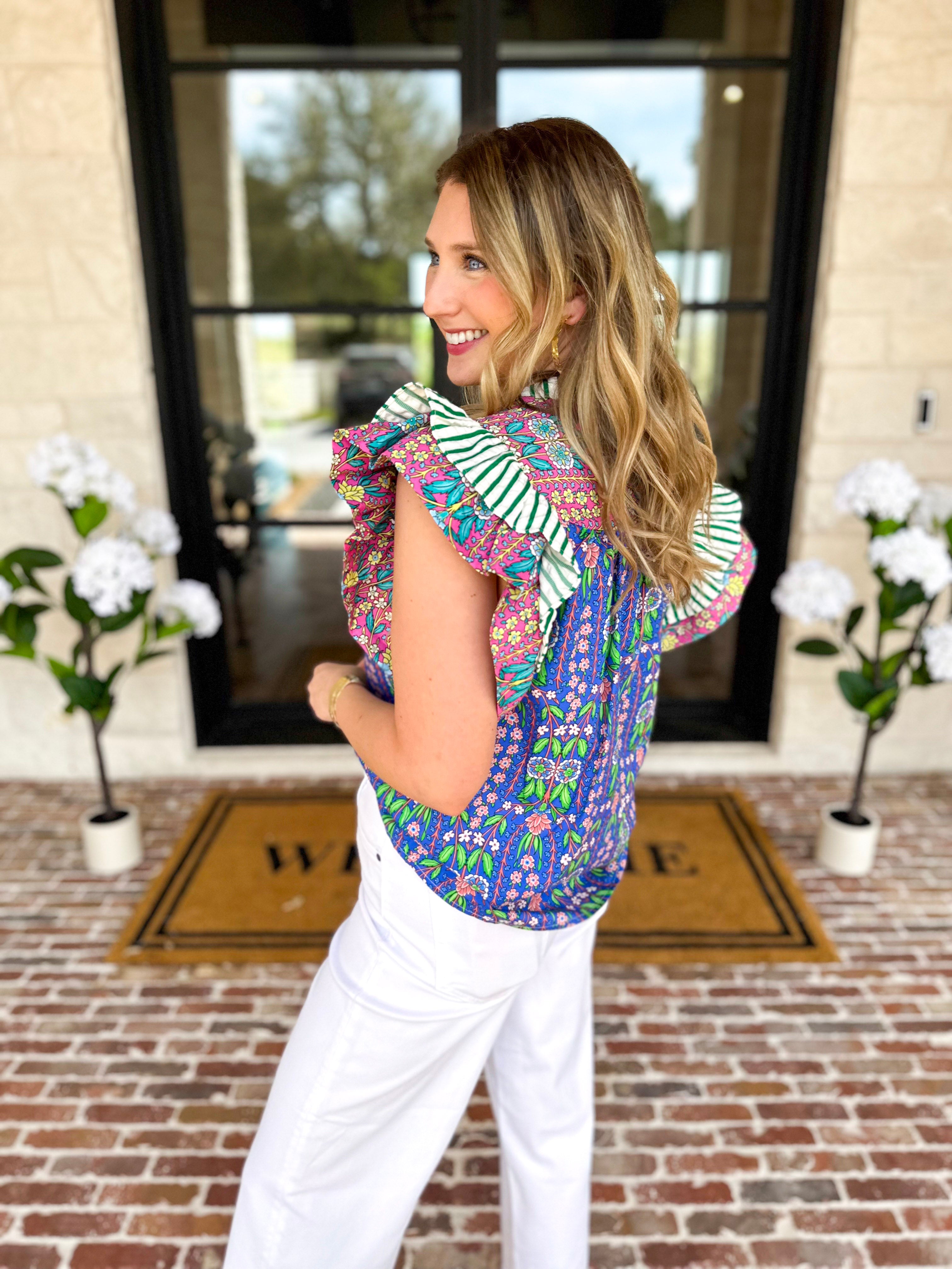 THML - Blue Flutter Sleeve Blouse-200 Fashion Blouses-THML-July & June Women's Fashion Boutique Located in San Antonio, Texas