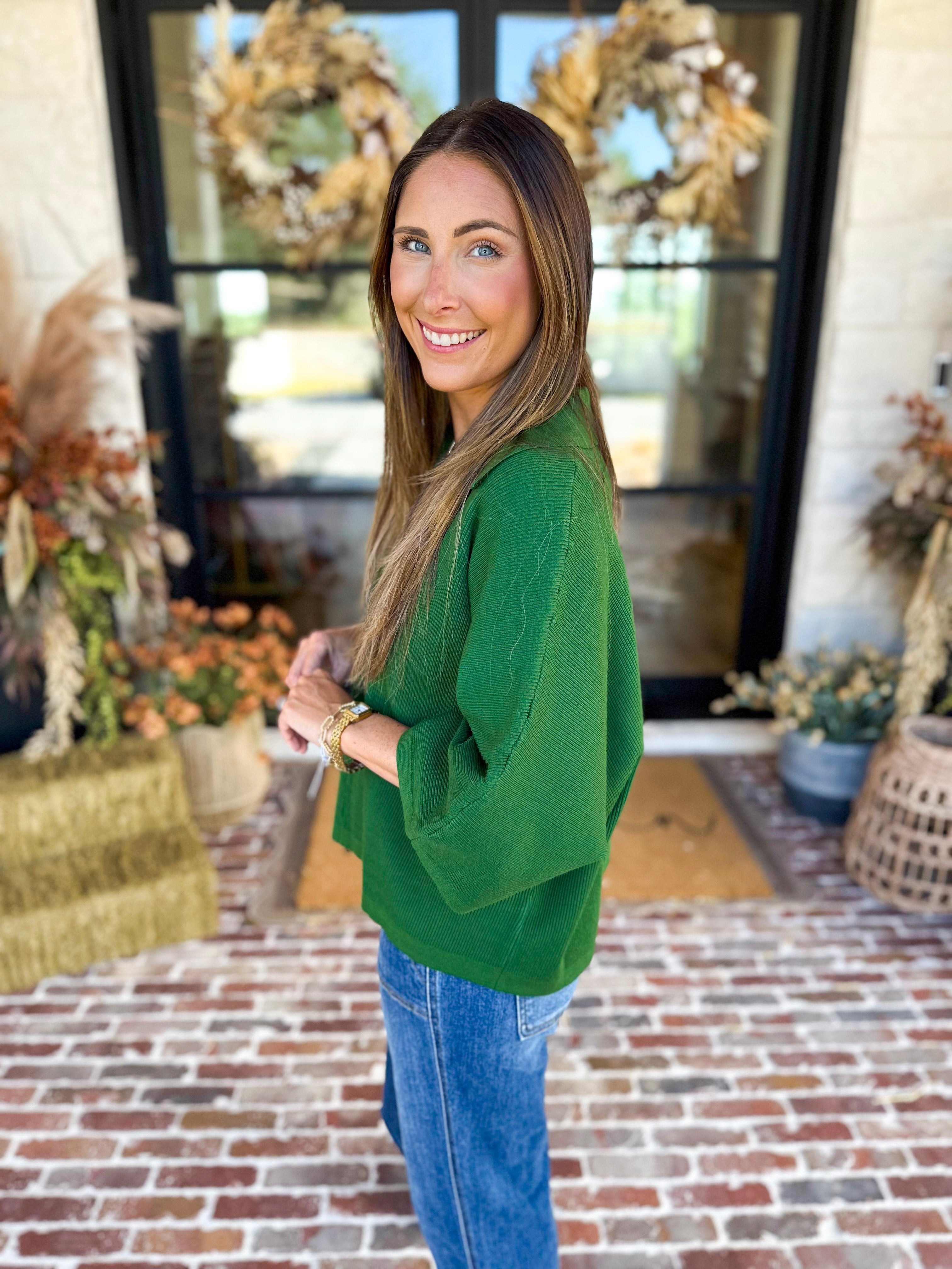 Cozy Collared Oversized Sweater Top - Green-230 Sweaters/Cardis-ENTRO-July & June Women's Fashion Boutique Located in San Antonio, Texas