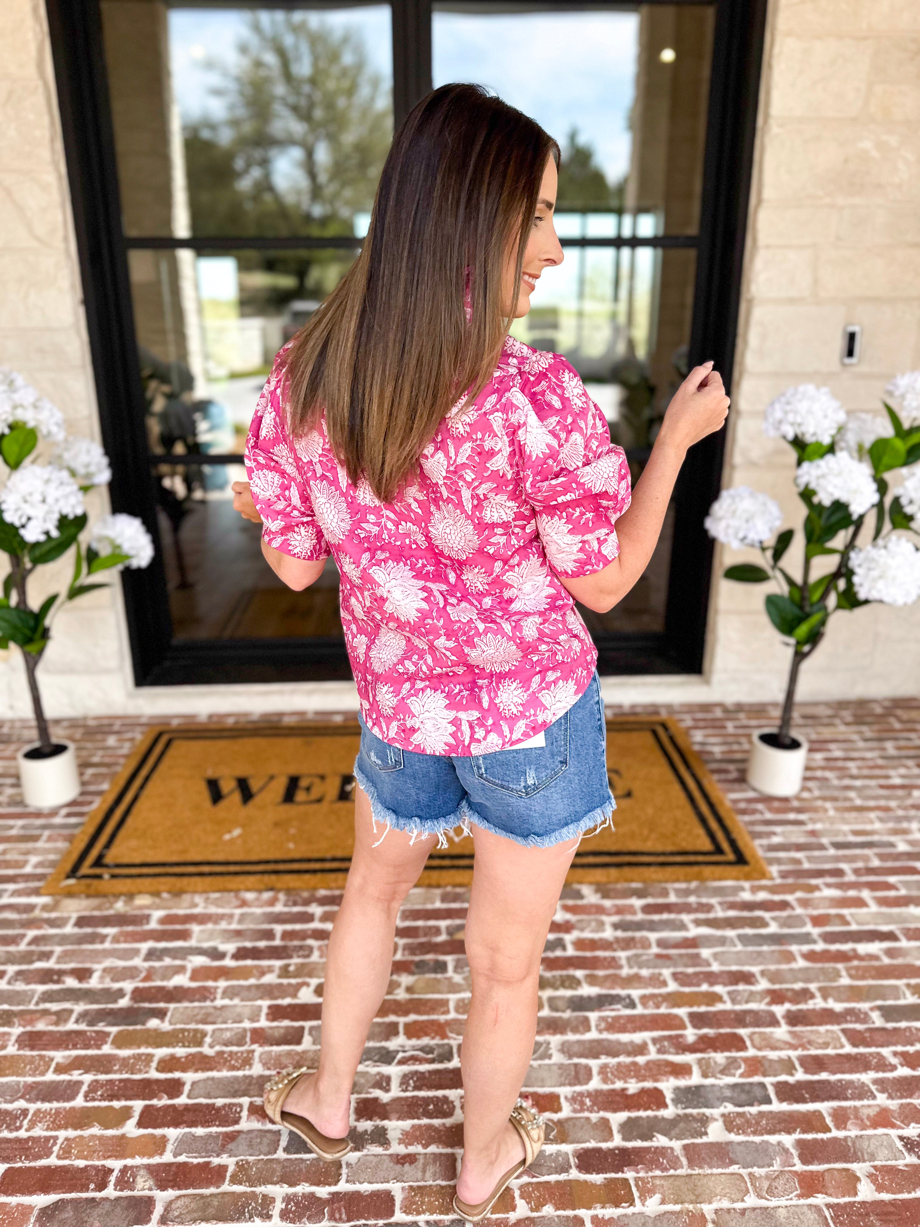 Punchy Pink Floral Blouse-200 Fashion Blouses-FATE-July & June Women's Fashion Boutique Located in San Antonio, Texas