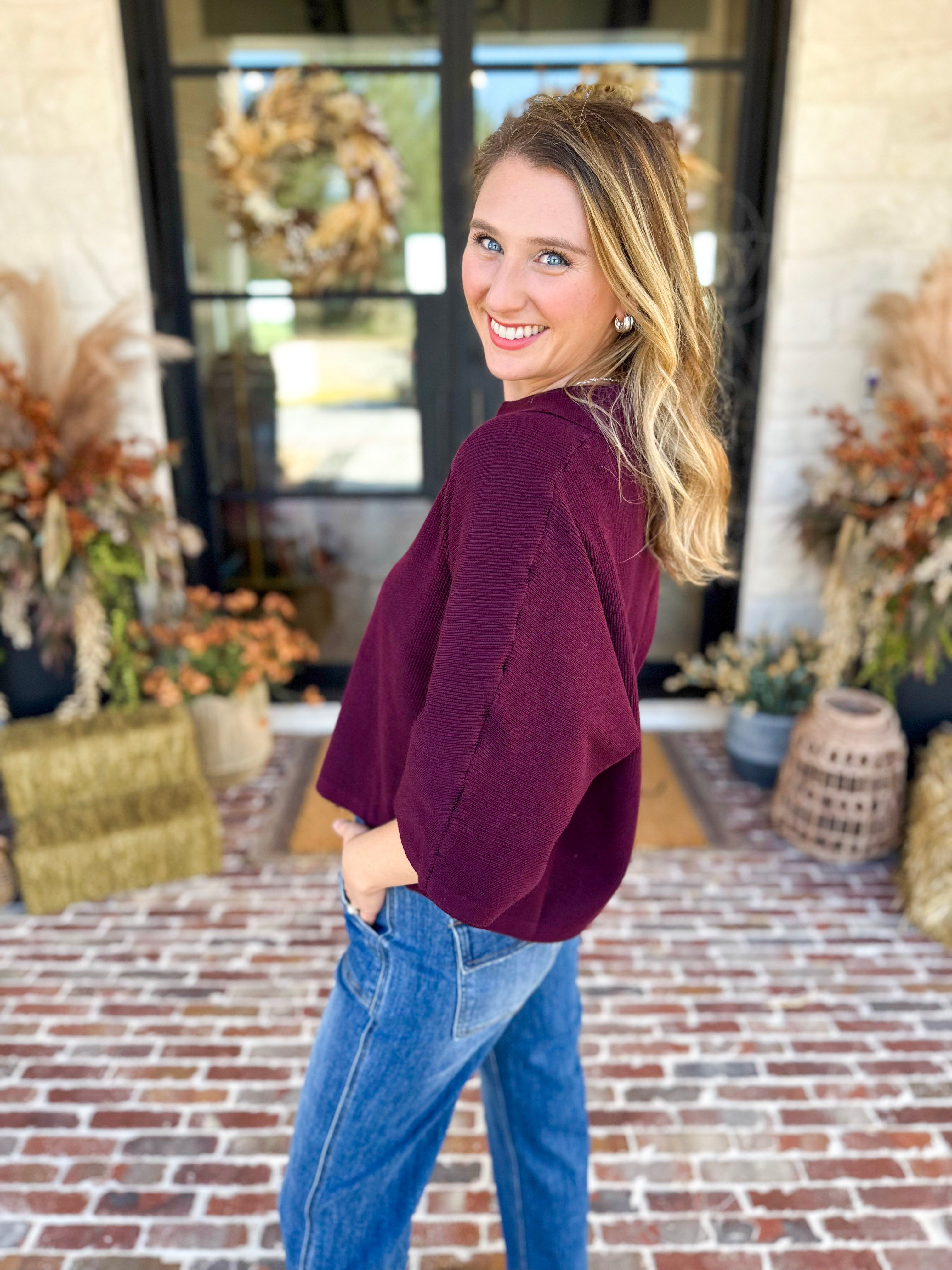 Cozy Collared Oversized Sweater Top - Merlot-230 Sweaters/Cardis-ENTRO-July & June Women's Fashion Boutique Located in San Antonio, Texas
