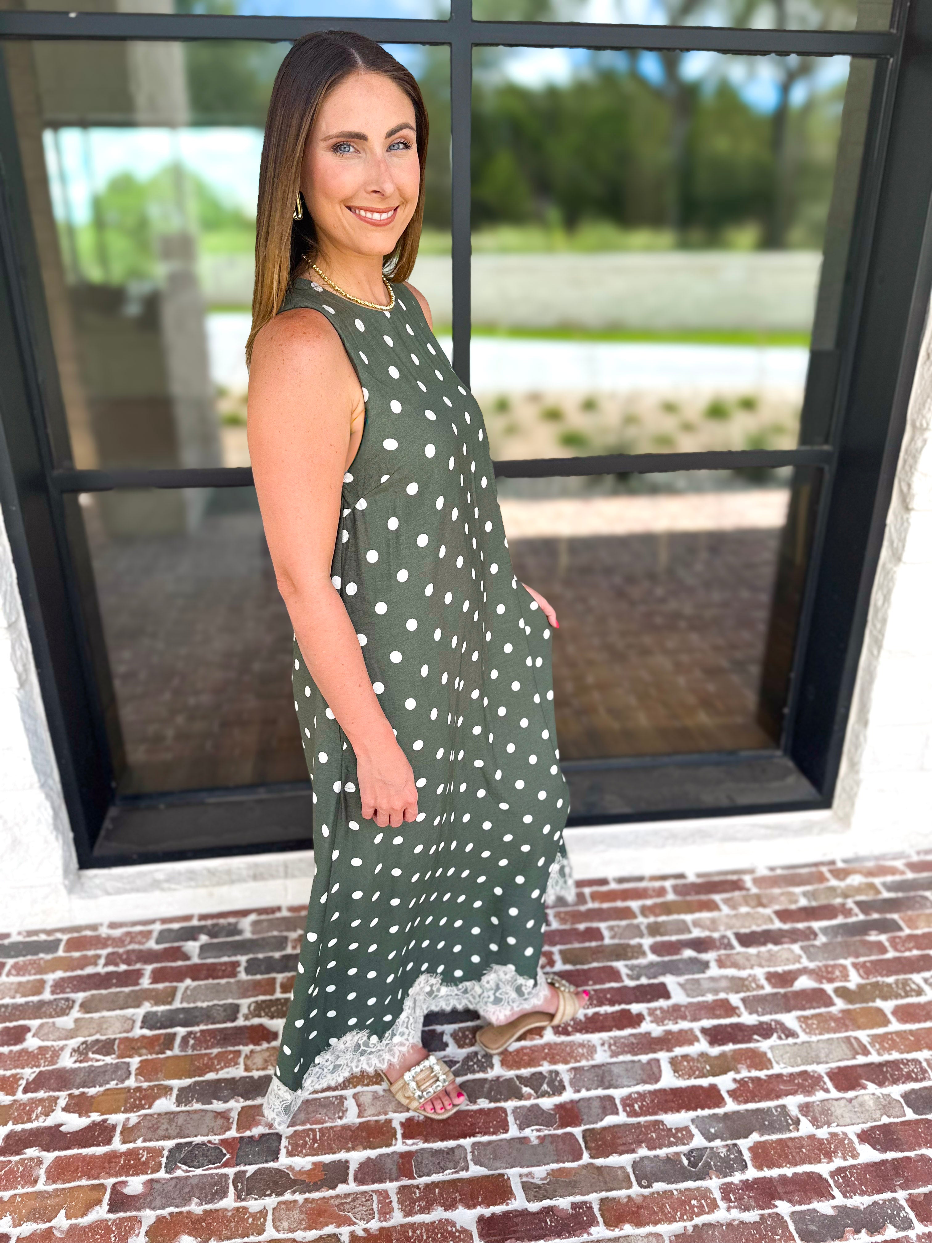 Effortless Polka Dot Midi Dress - Olive-500 Midi-ENTRO-July & June Women's Fashion Boutique Located in San Antonio, Texas