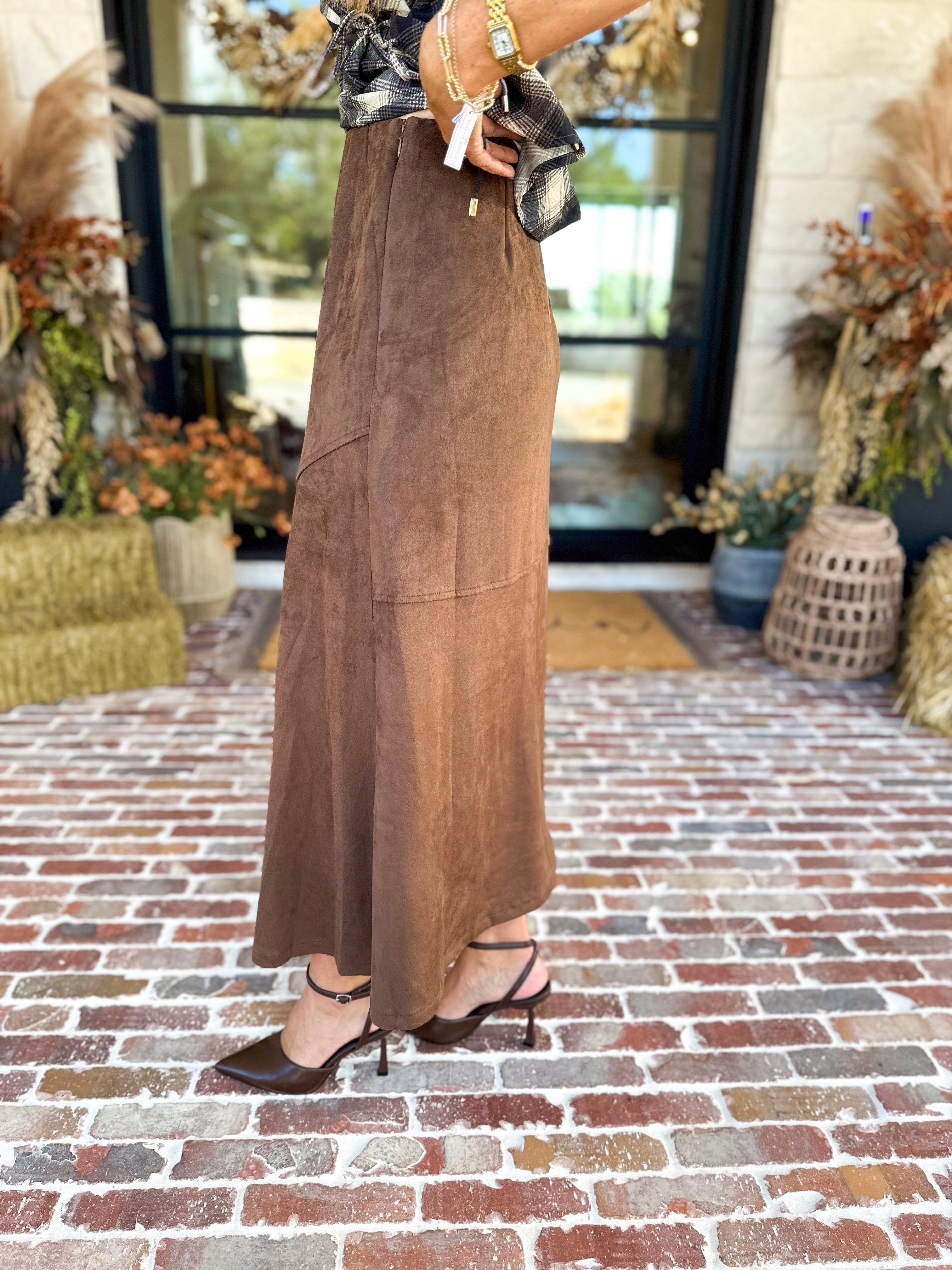 Suede Midi Skirt - Brown-410 Shorts/Skirts-STYLE USA-July & June Women's Fashion Boutique Located in San Antonio, Texas