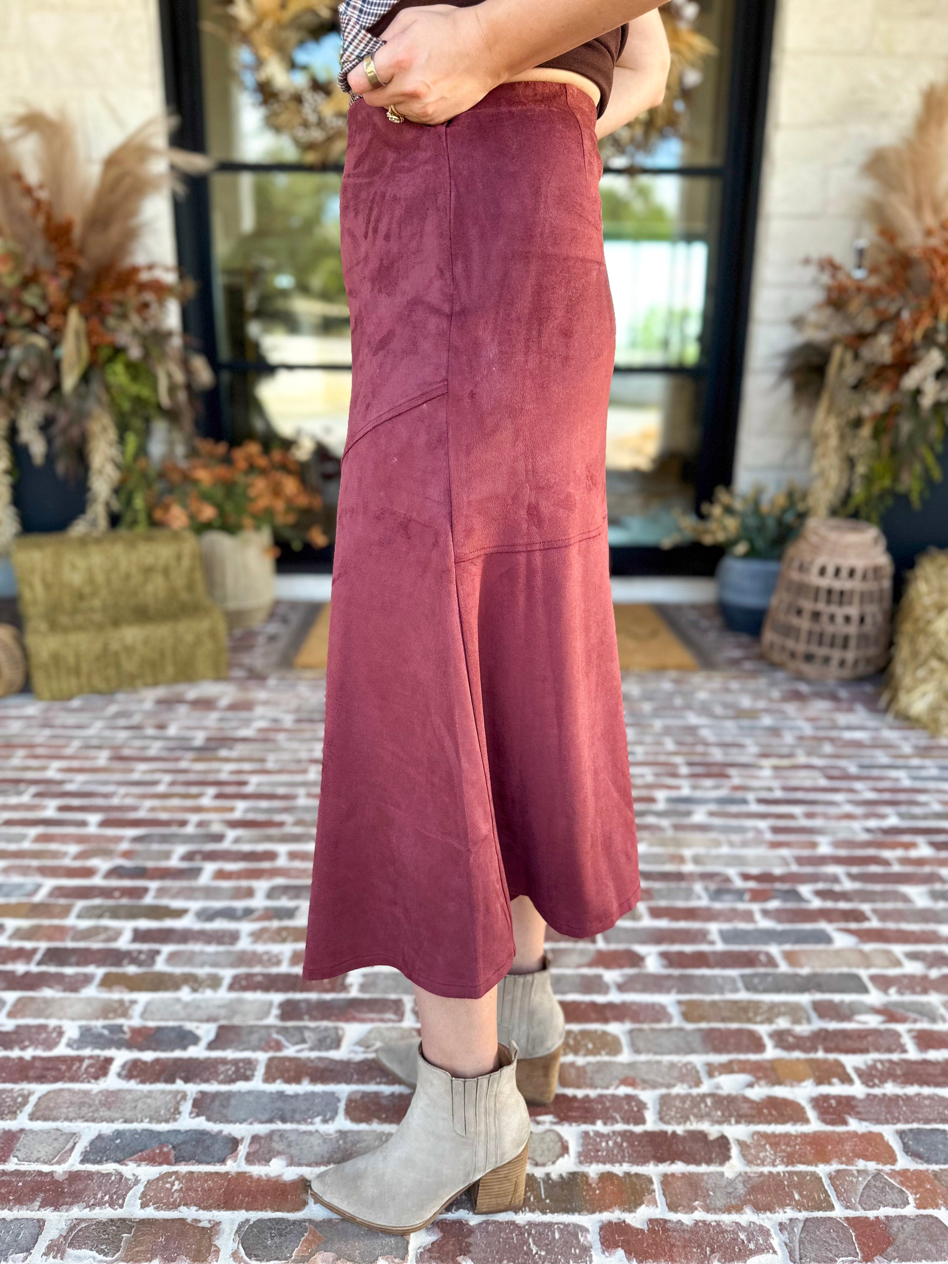 Suede Midi Skirt - Maroon-410 Shorts/Skirts-STYLE USA-July & June Women's Fashion Boutique Located in San Antonio, Texas