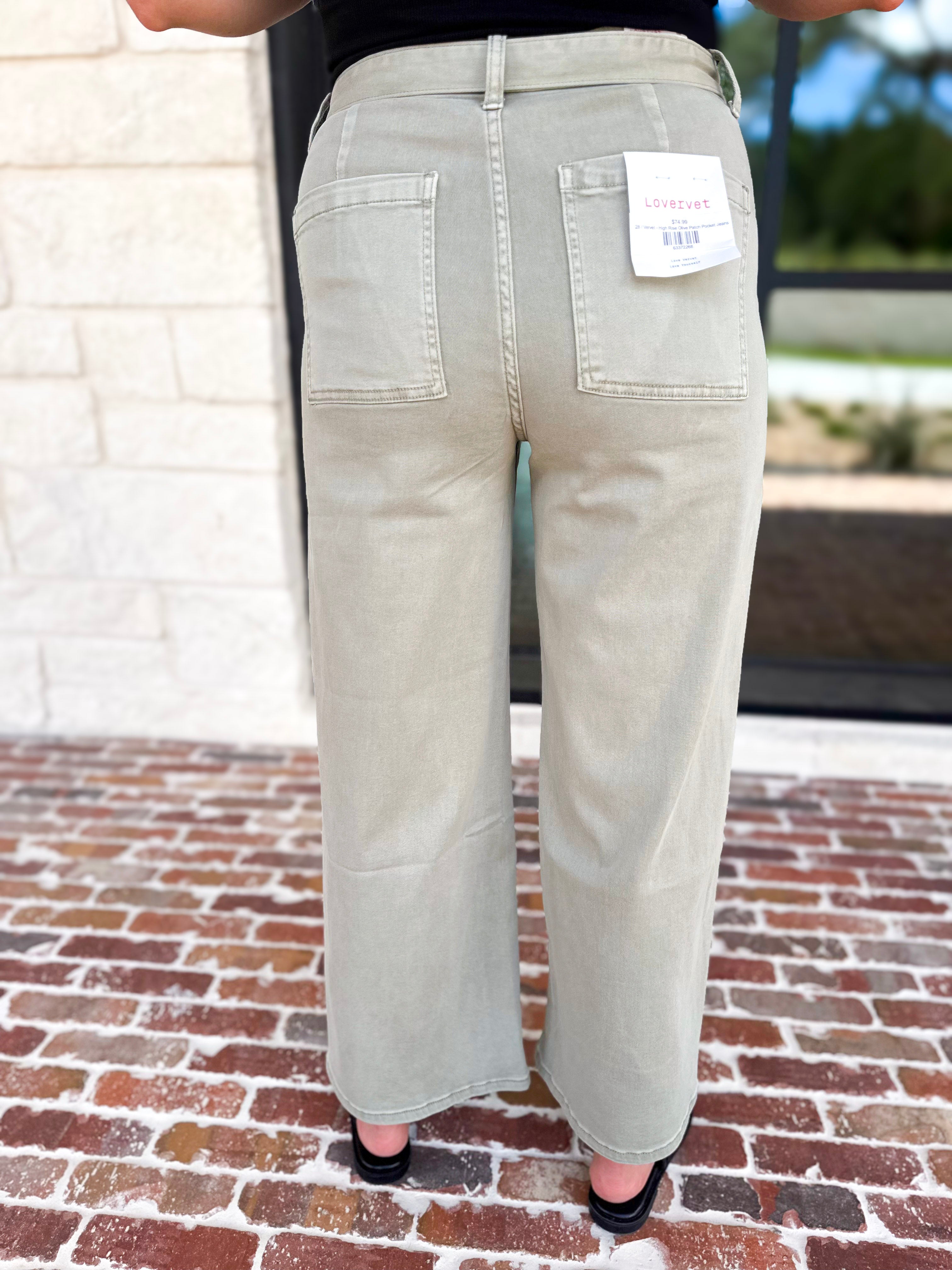 Vervet - High Rise Olive Patch Pocket Jeans-400 Pants-VEVERT BY FLYING MONKEY-July & June Women's Fashion Boutique Located in San Antonio, Texas