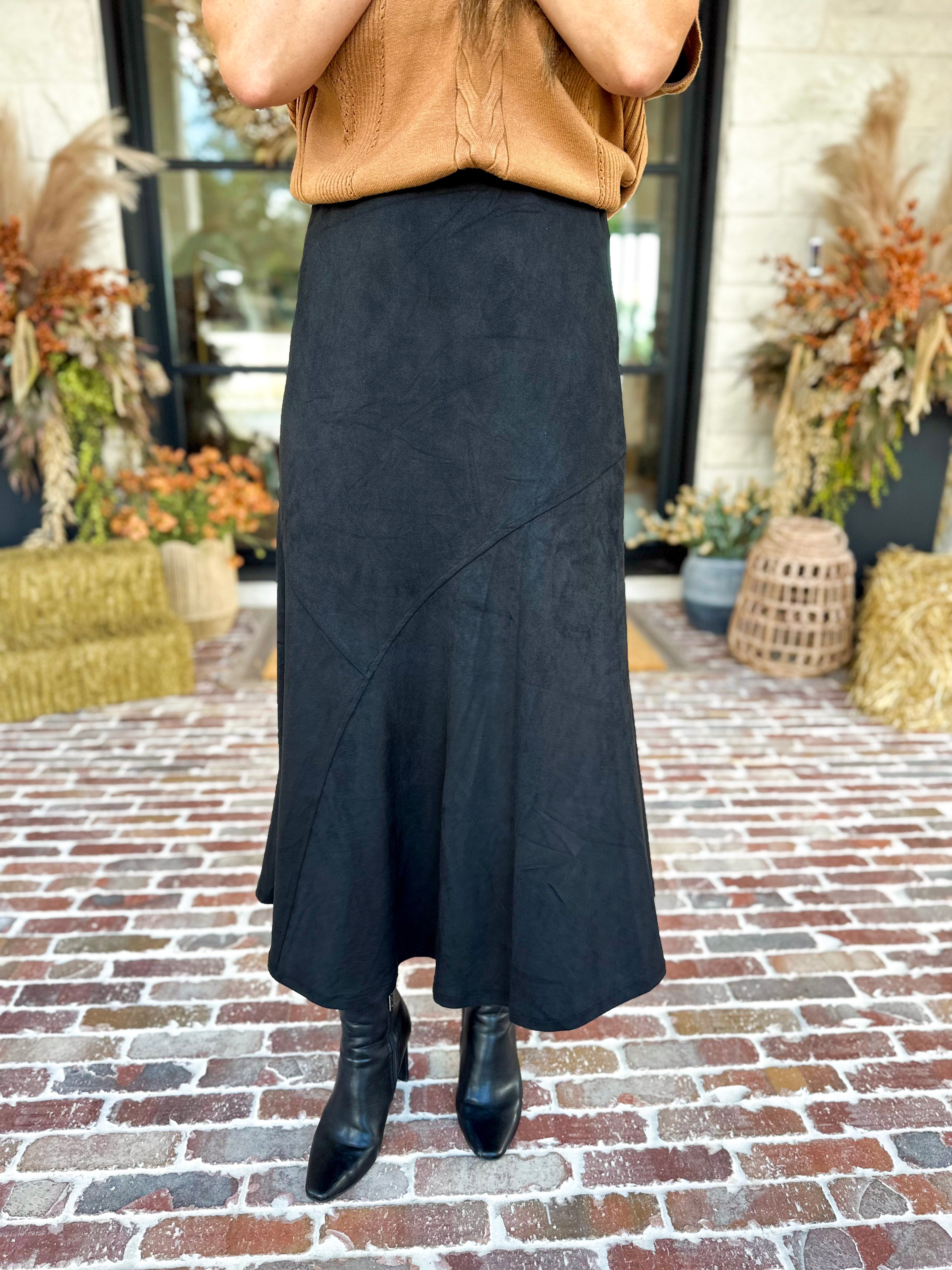 Suede Midi Skirt - Black-410 Shorts/Skirts-STYLE USA-July & June Women's Fashion Boutique Located in San Antonio, Texas