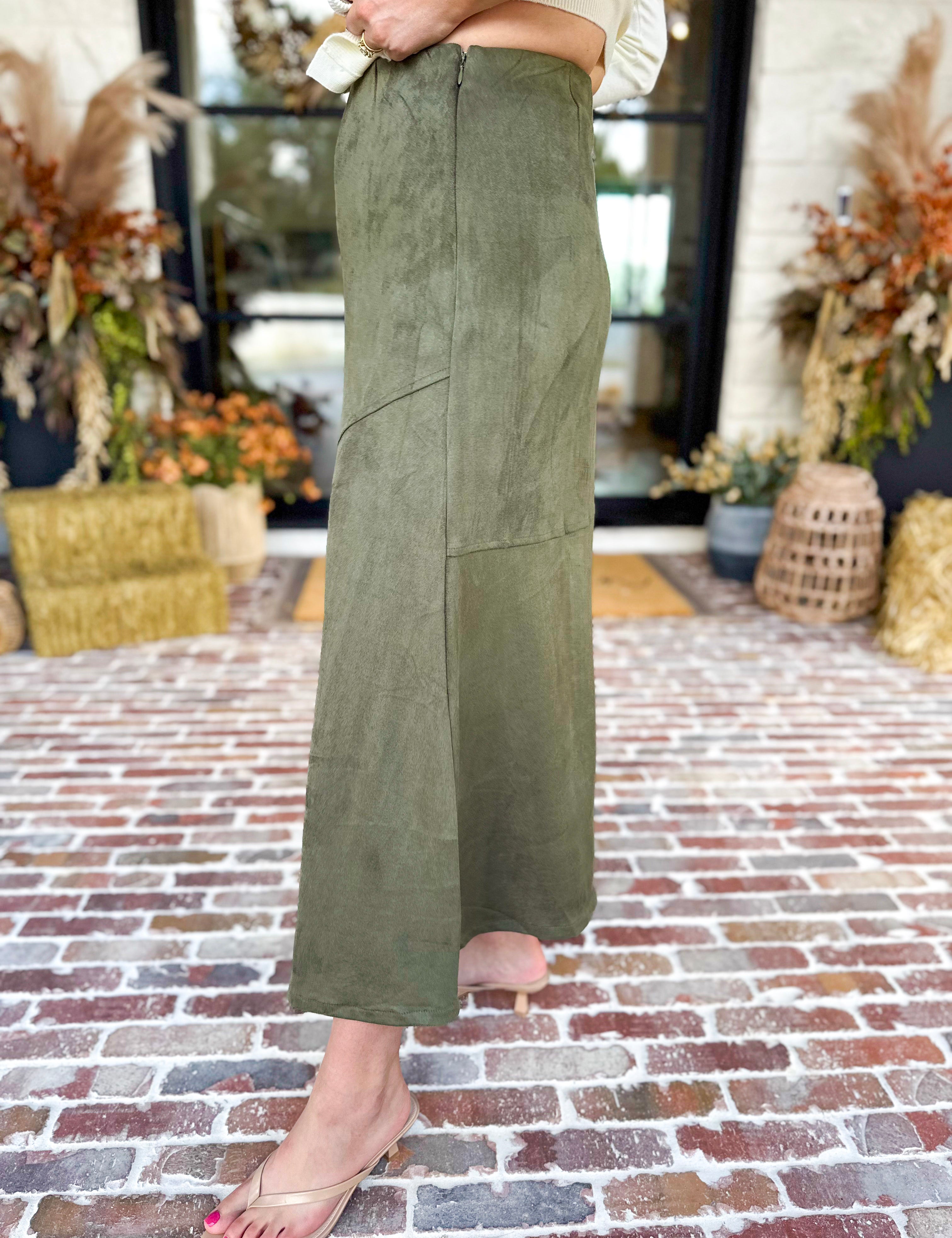 Suede Midi Skirt - Olive-410 Shorts/Skirts-STYLE USA-July & June Women's Fashion Boutique Located in San Antonio, Texas