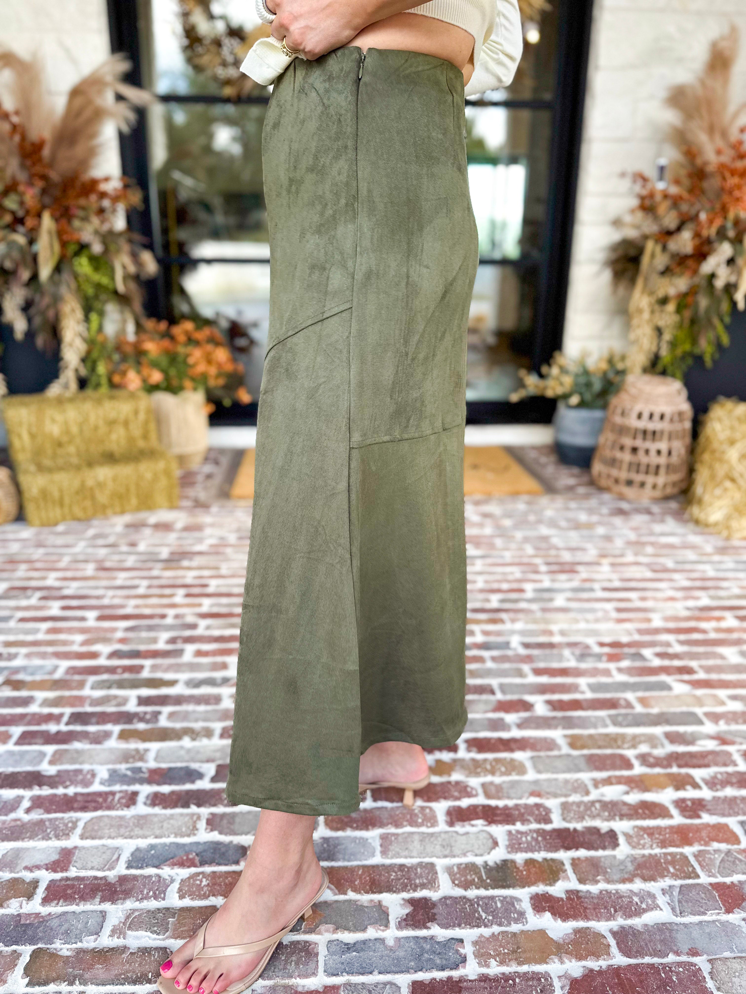 Suede Midi Skirt - Olive-410 Shorts/Skirts-STYLE USA-July & June Women's Fashion Boutique Located in San Antonio, Texas