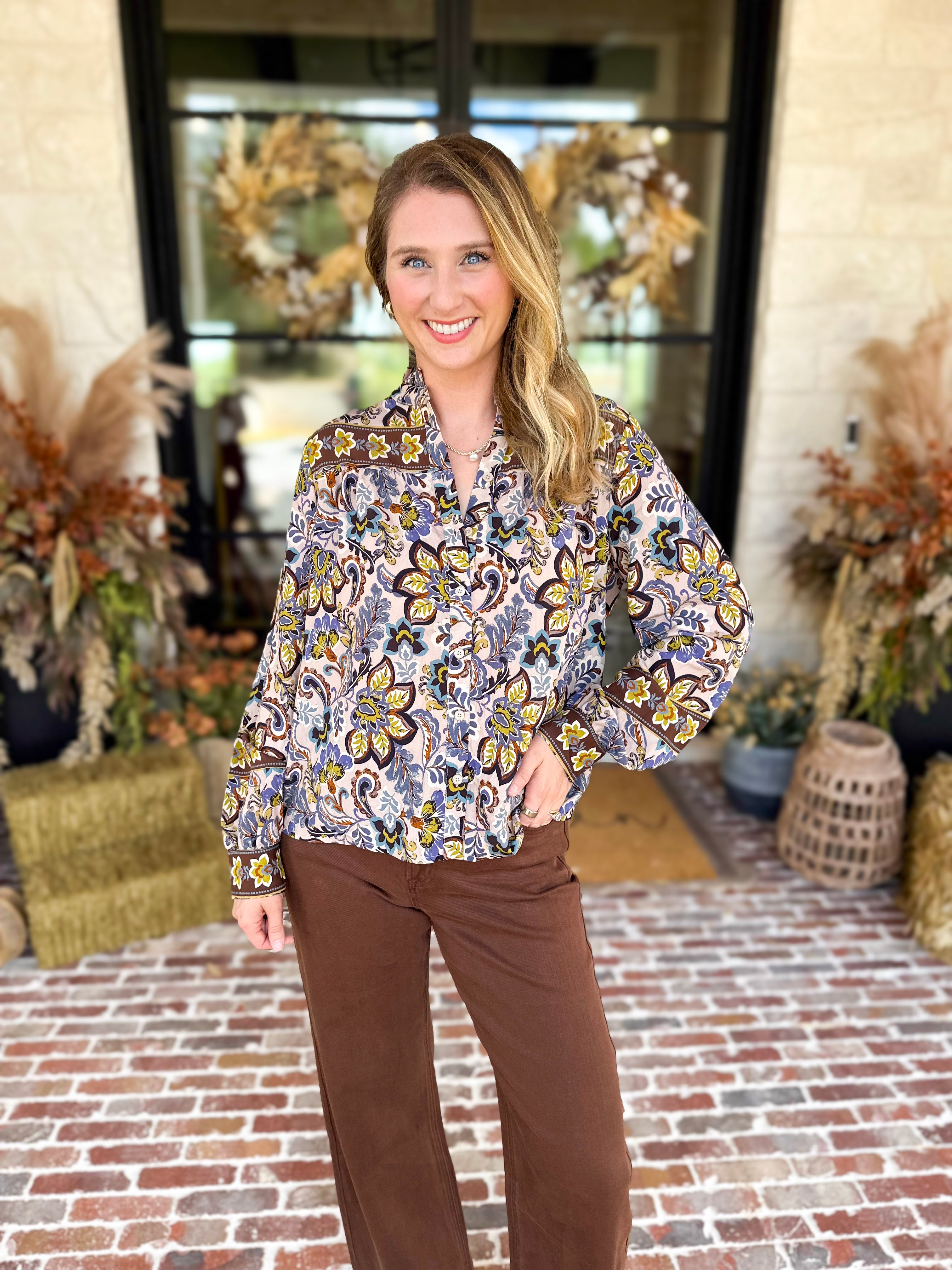 Dusty Blue & Marigold Floral Blouse-200 Fashion Blouses-FATE-July & June Women's Fashion Boutique Located in San Antonio, Texas