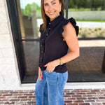 Ruffle & Pearl Detail Button Down Top - Black-200 Fashion Blouses-JODIFL-July & June Women's Fashion Boutique Located in San Antonio, Texas