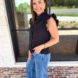 Ruffle & Pearl Detail Button Down Top - Black-200 Fashion Blouses-JODIFL-July & June Women's Fashion Boutique Located in San Antonio, Texas