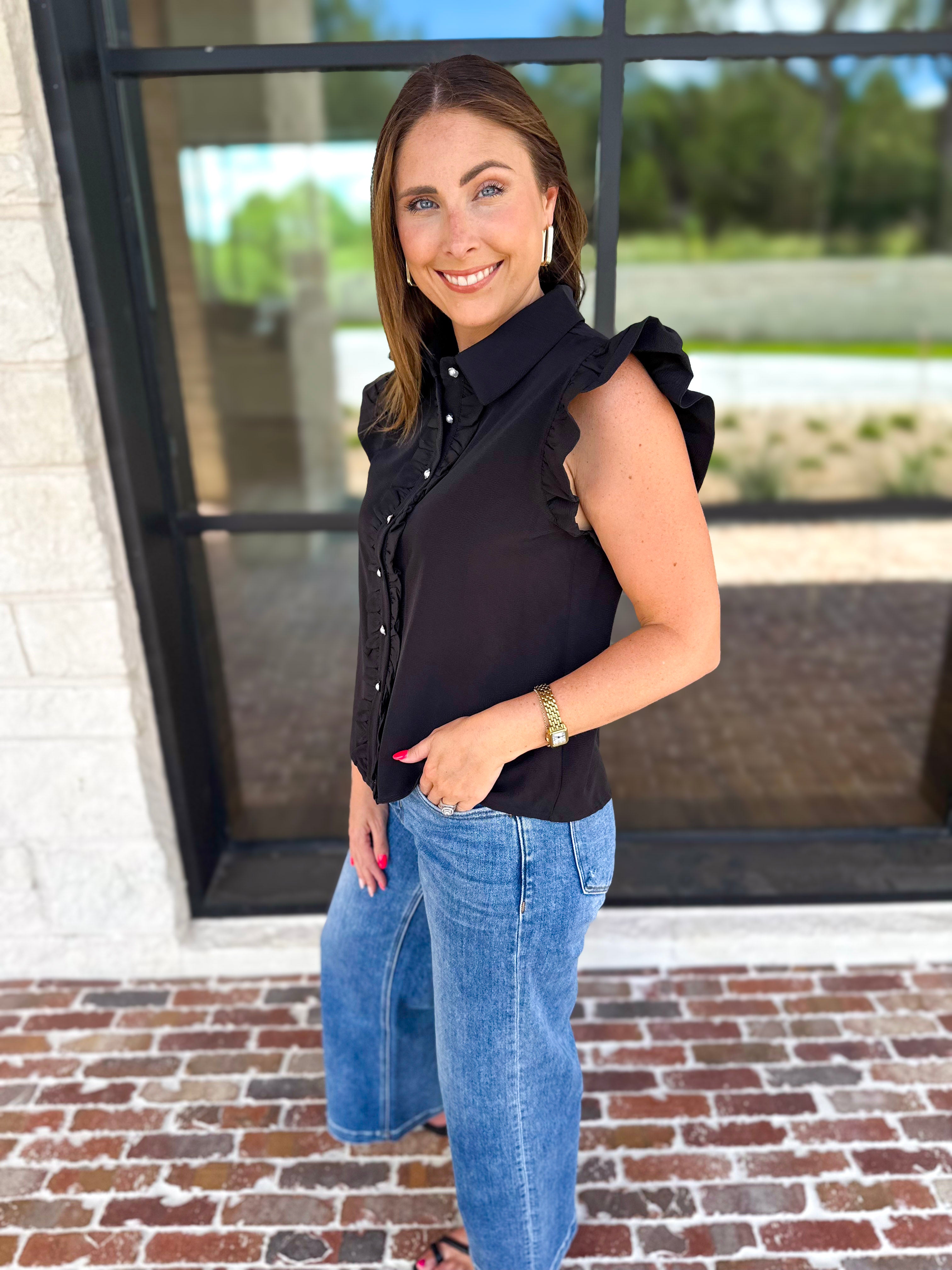 Ruffle & Pearl Detail Button Down Top - Black-200 Fashion Blouses-JODIFL-July & June Women's Fashion Boutique Located in San Antonio, Texas