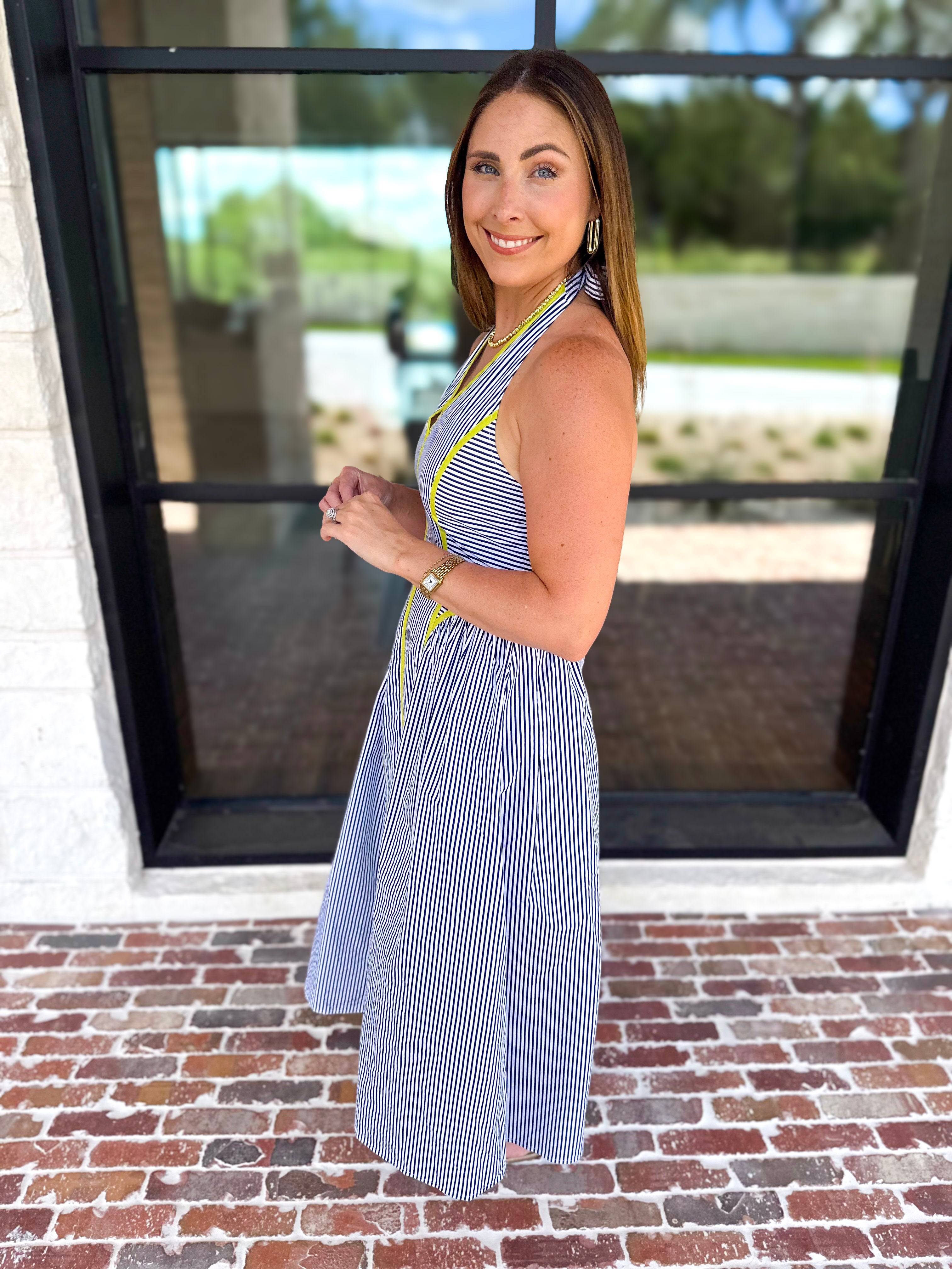 Chic Striped Halter Midi Dress-500 Midi-ENTRO-July & June Women's Fashion Boutique Located in San Antonio, Texas