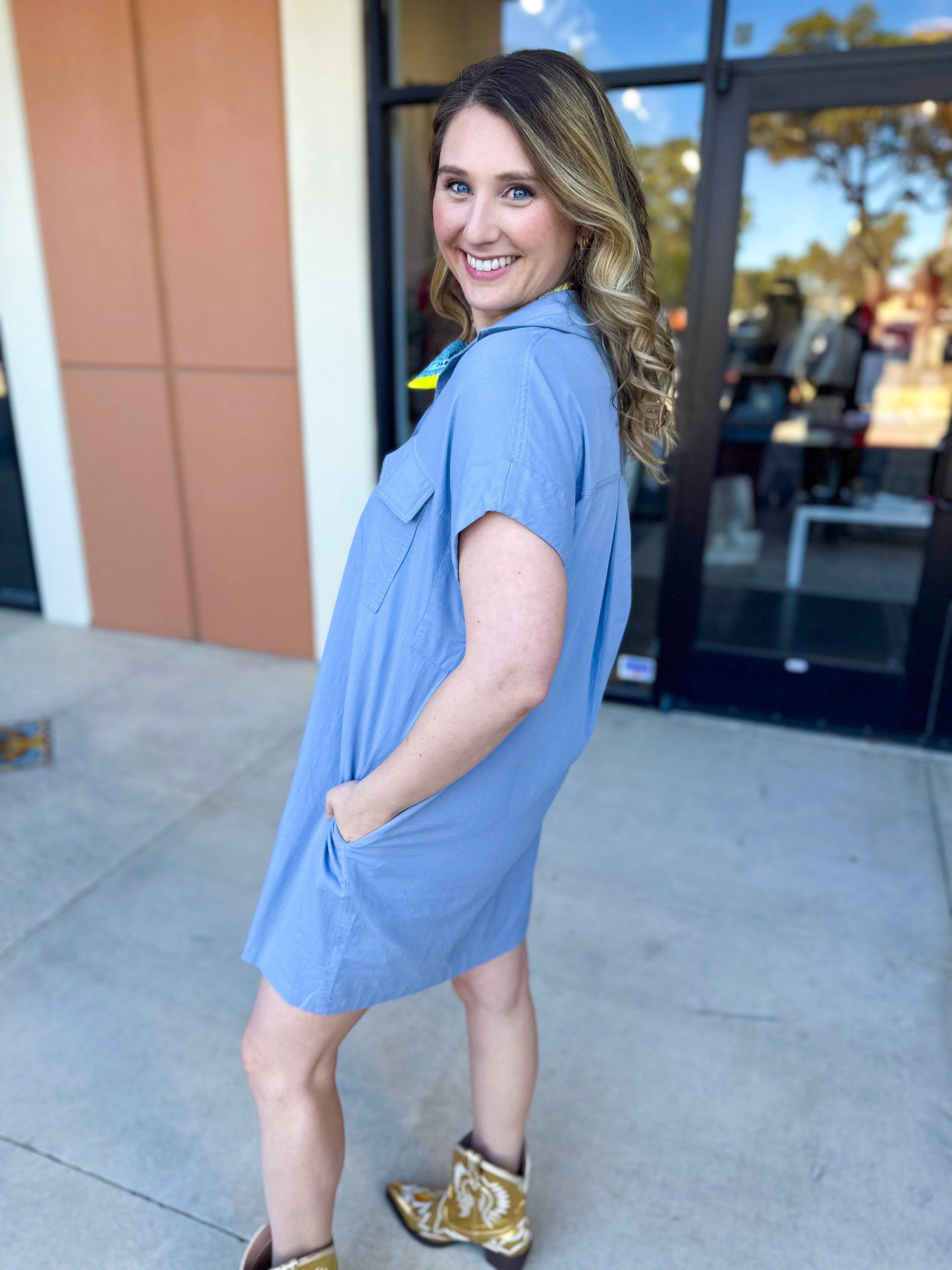 Go-To Utility Mini Dress - Blue-510 Mini-IN FEBRUARY-July & June Women's Fashion Boutique Located in San Antonio, Texas