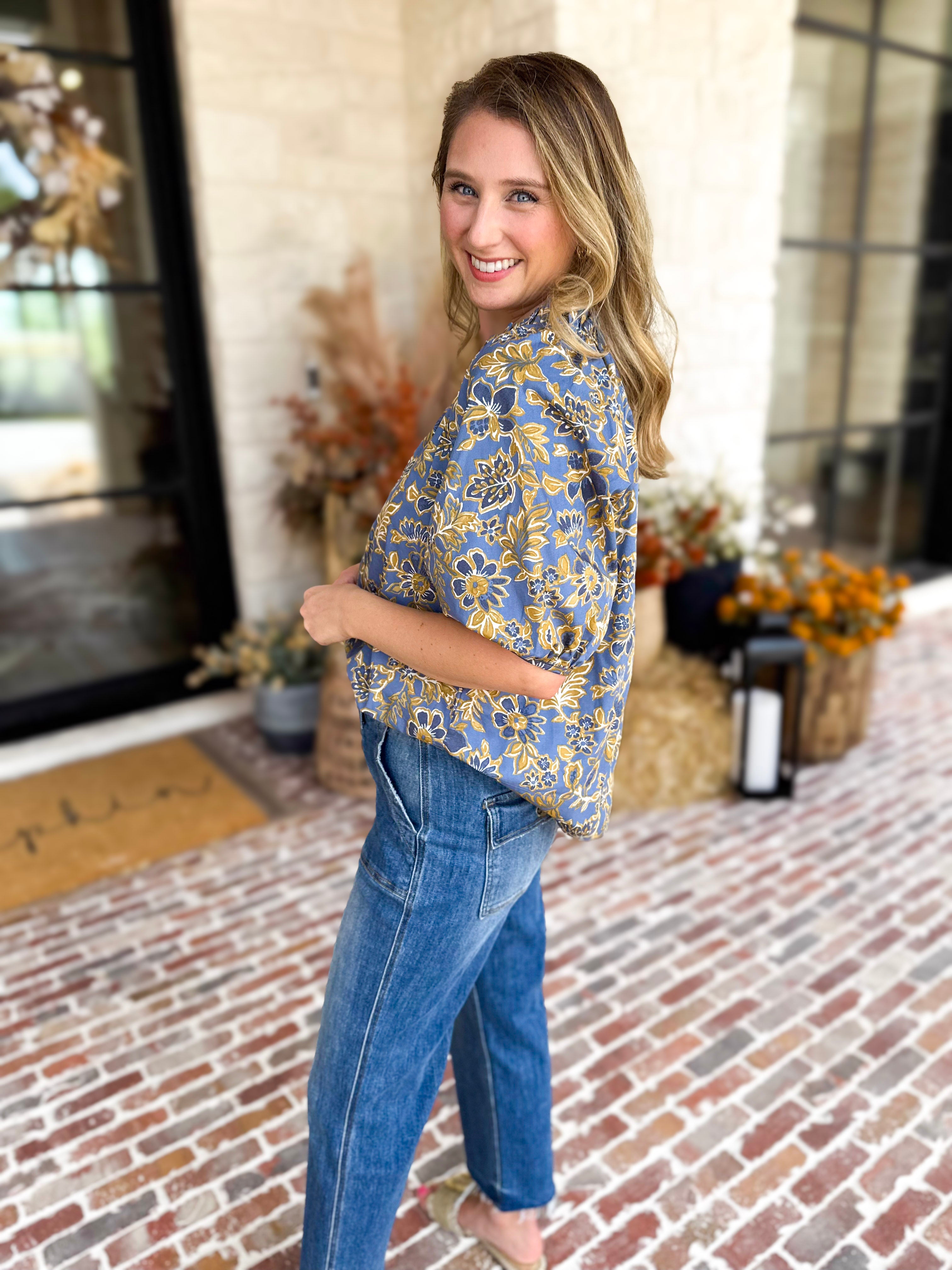 Marina Floral Puff Sleeve Blouse-200 Fashion Blouses-OLIVACEOUS-July & June Women's Fashion Boutique Located in San Antonio, Texas