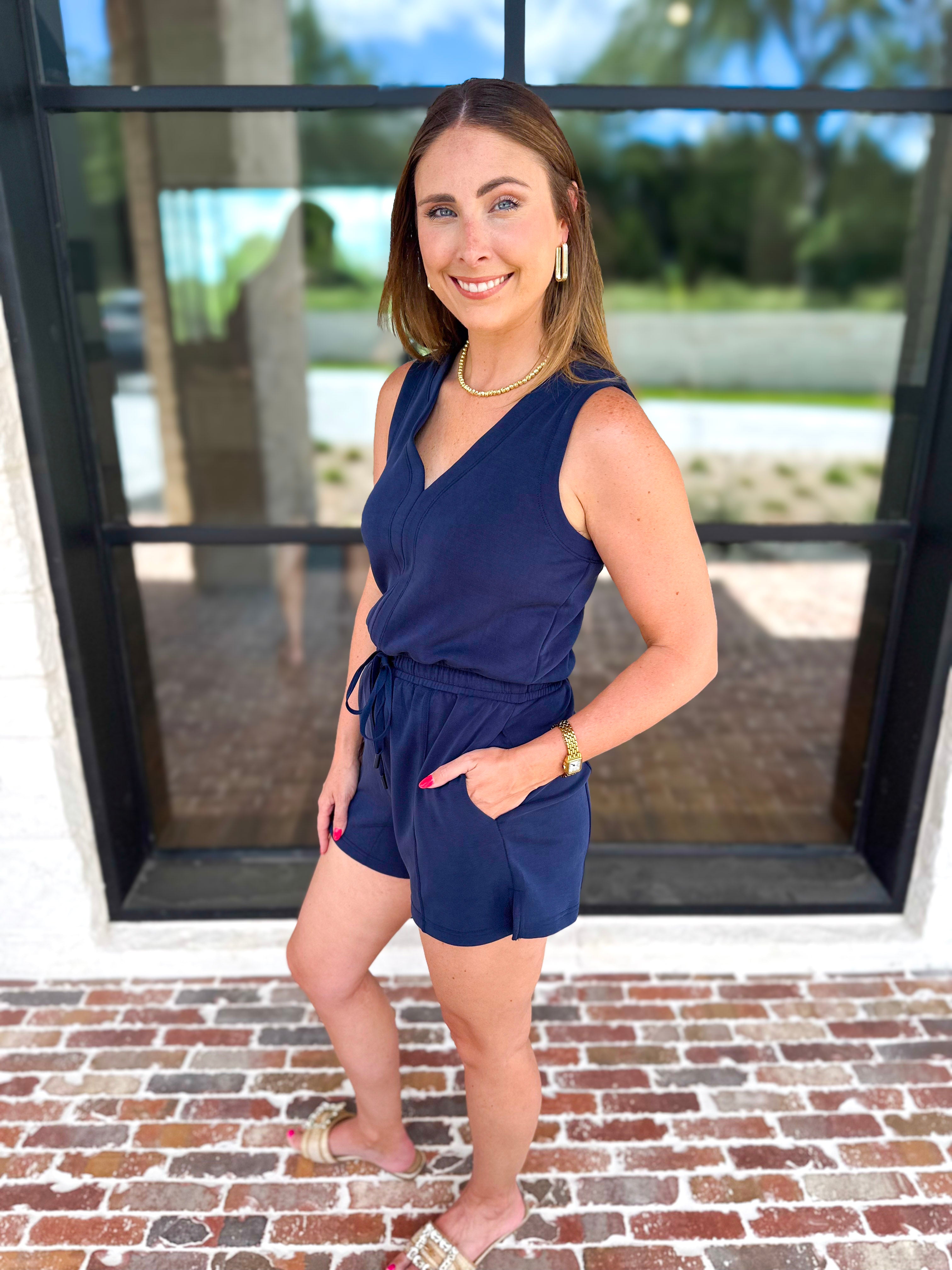 The Weekender Navy Romper-300 Athleisure/Lounge-SKIES ARE BLUE-July & June Women's Fashion Boutique Located in San Antonio, Texas