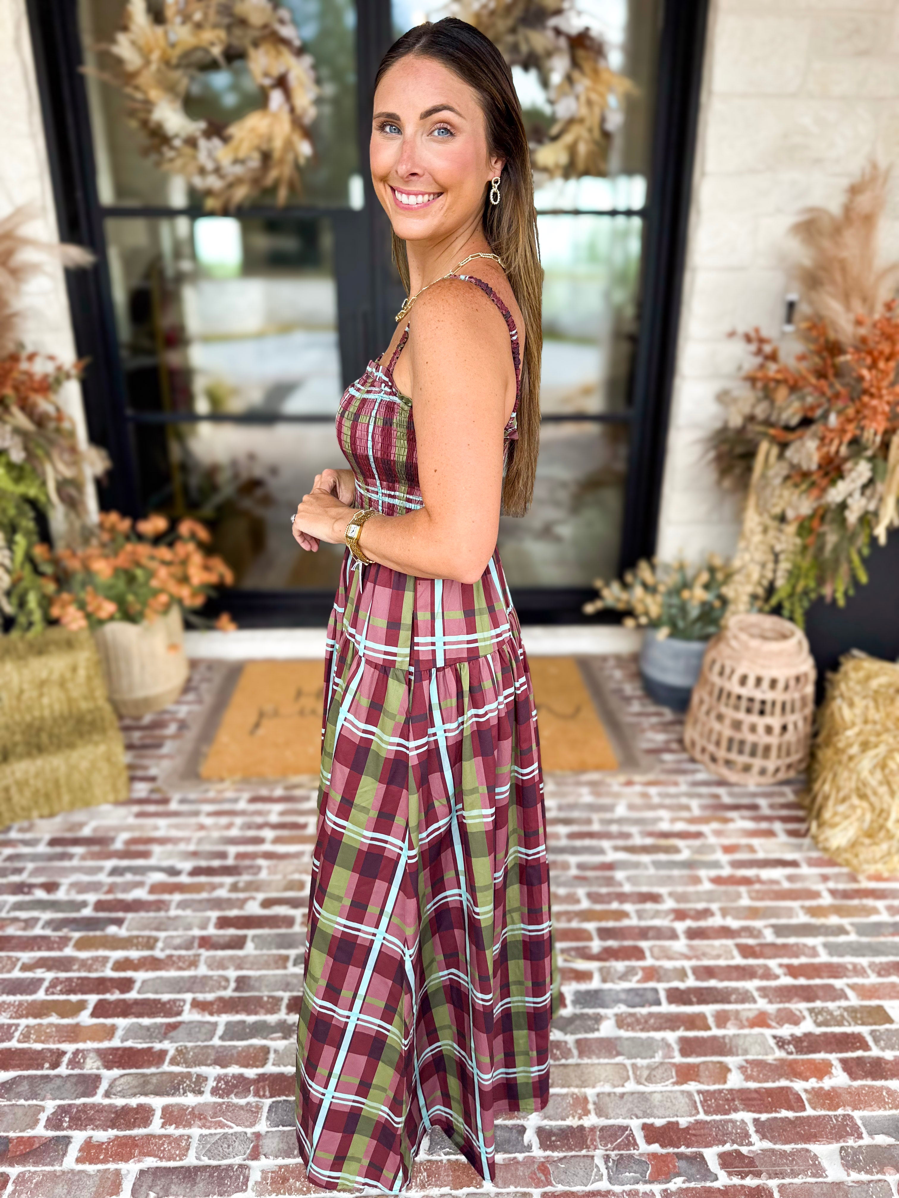 Cranberry Grove Plaid Sweetheart Midi Dress-500 Midi-TCEC-July & June Women's Fashion Boutique Located in San Antonio, Texas