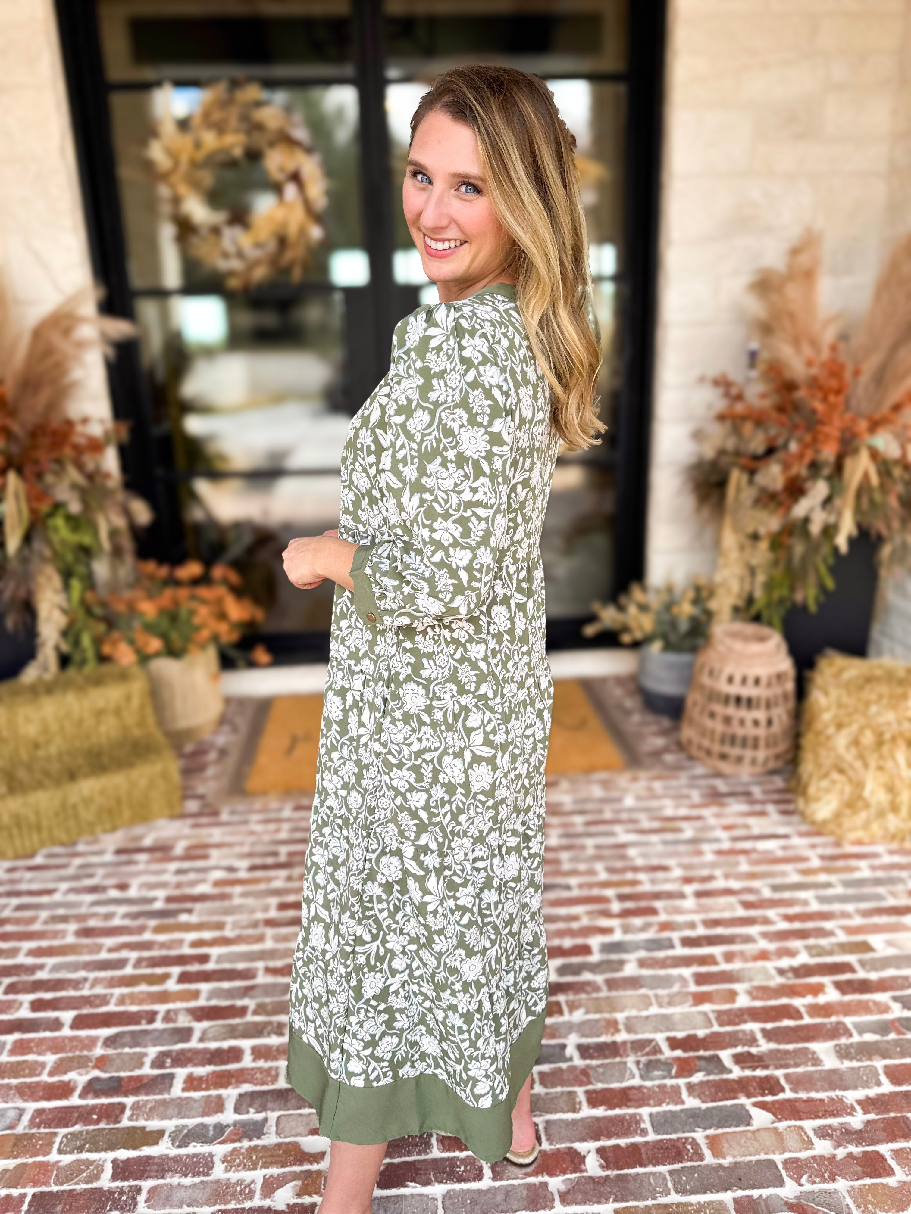 Mary Square - Sage Floral Flowy Midi Dress-500 Midi-MARY SQUARE-July & June Women's Fashion Boutique Located in San Antonio, Texas