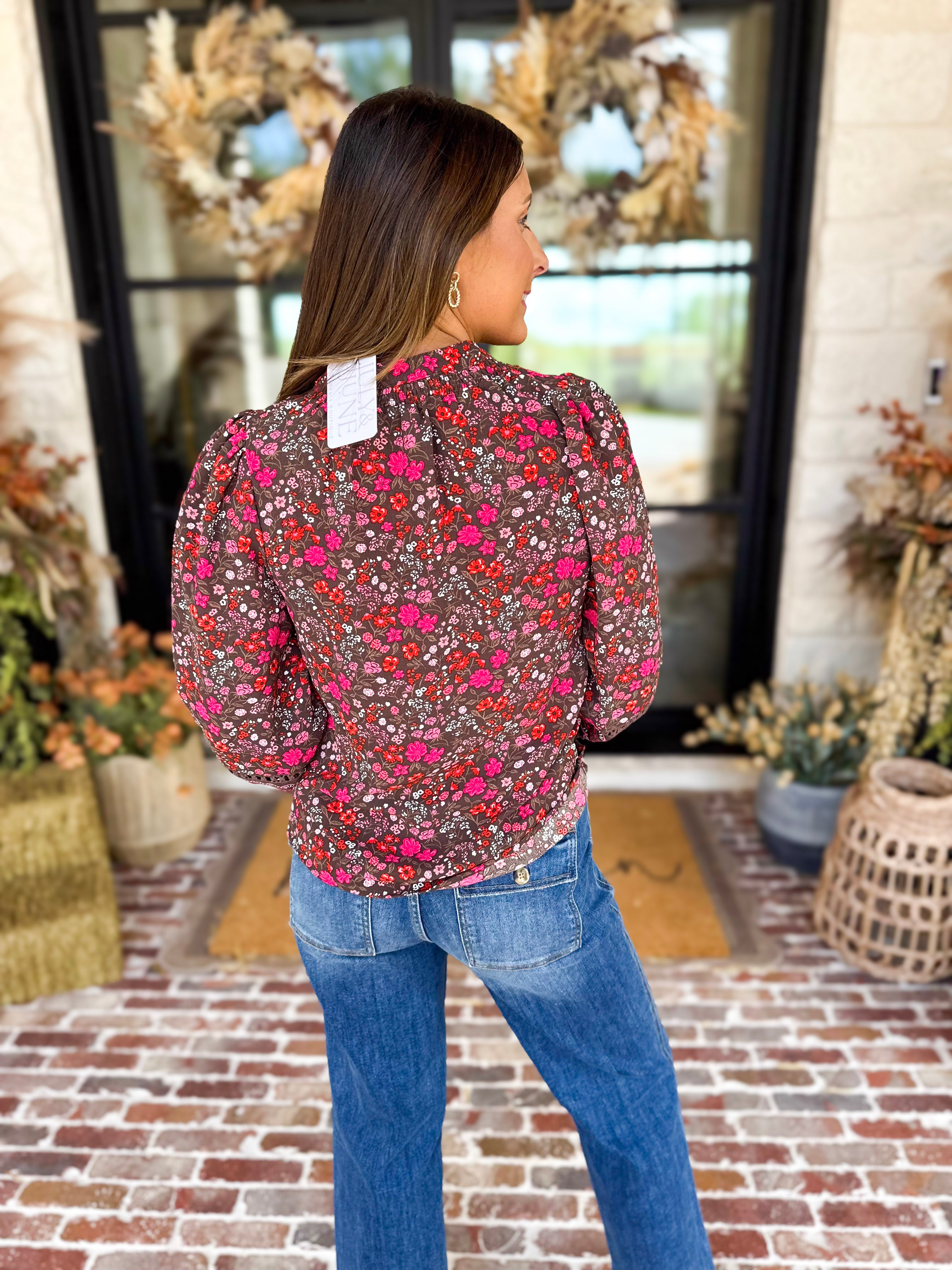 Mary Square - Raspberry Florals Blouse-200 Fashion Blouses-MARY SQUARE-July & June Women's Fashion Boutique Located in San Antonio, Texas