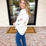 Linen Seashell Embroidered Blouse-200 Fashion Blouses-BLUE B-July & June Women's Fashion Boutique Located in San Antonio, Texas
