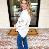 Linen Seashell Embroidered Blouse-200 Fashion Blouses-BLUE B-July & June Women's Fashion Boutique Located in San Antonio, Texas