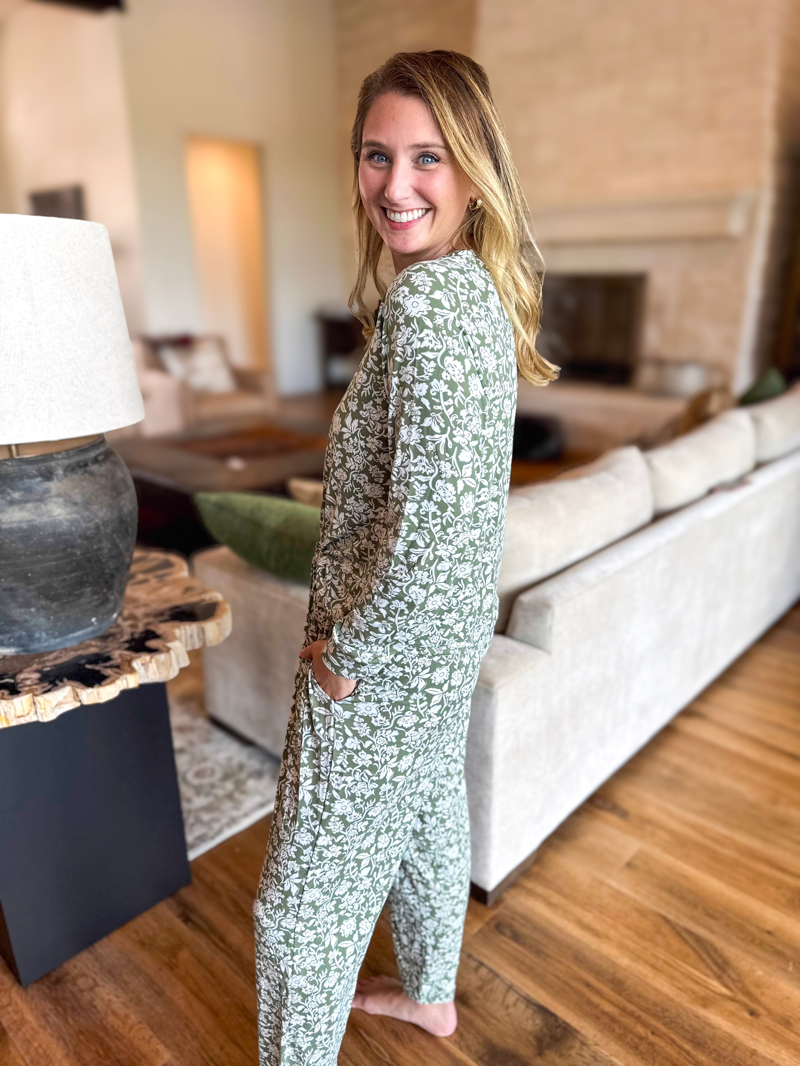 Mary Square - Olive Painted Trillium PJ Pant Set-300 Athleisure/Lounge-MARY SQUARE-July & June Women's Fashion Boutique Located in San Antonio, Texas
