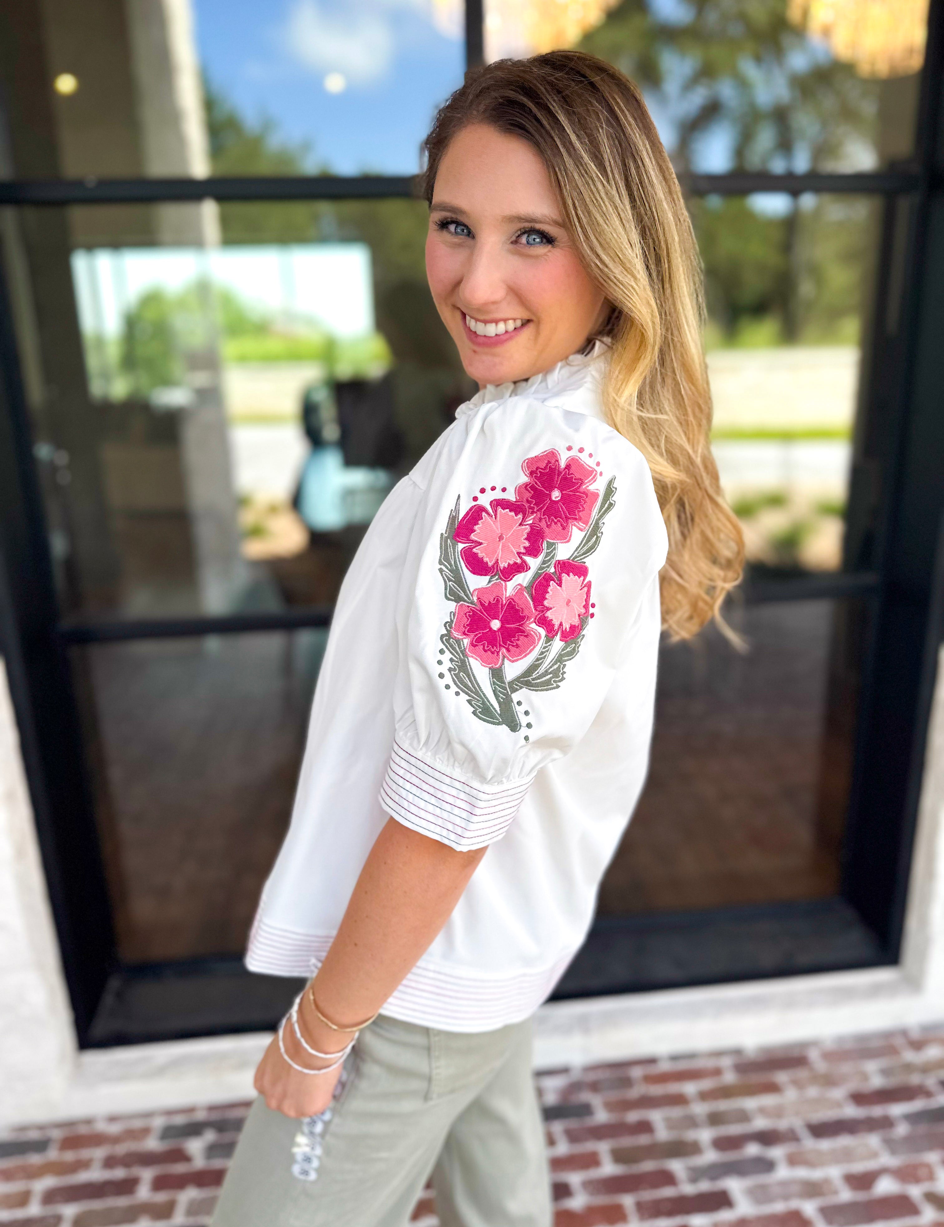 Mary Square - Sweet Florals Embroidered Blouse-200 Fashion Blouses-MARY SQUARE-July & June Women's Fashion Boutique Located in San Antonio, Texas