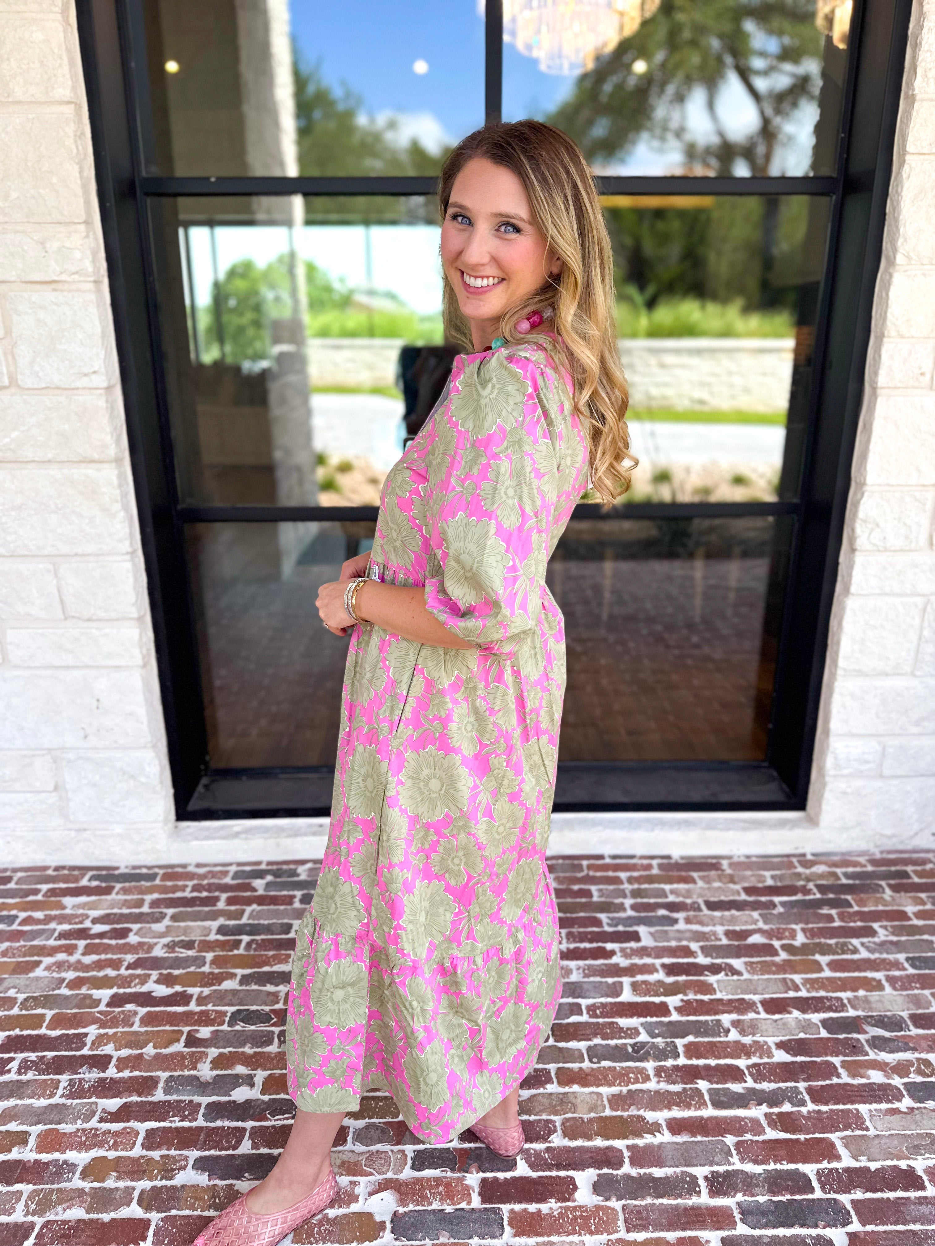 Mary Square - Riley Pink & Sage Floral Midi Dress-500 Midi-MARY SQUARE-July & June Women's Fashion Boutique Located in San Antonio, Texas
