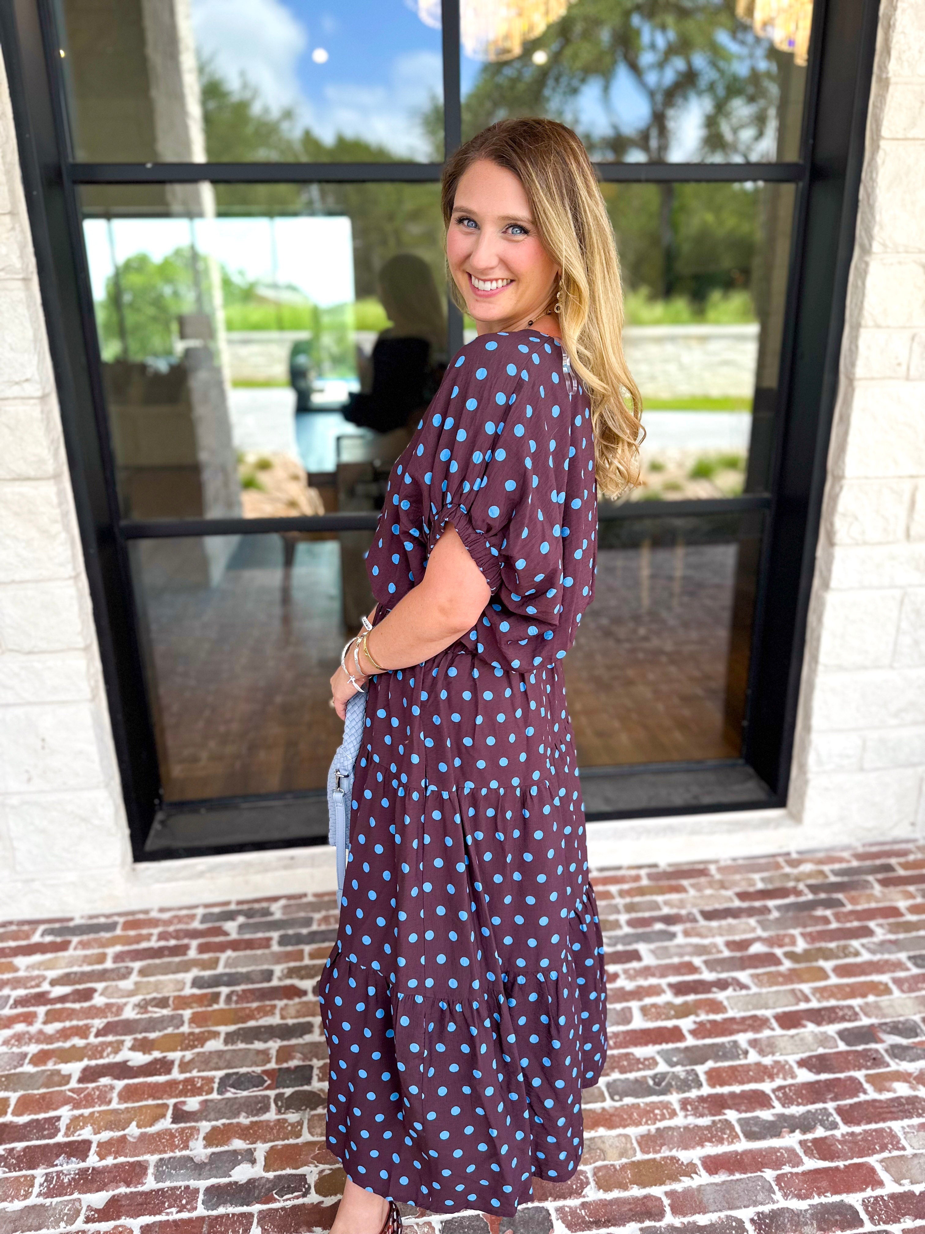 Darling in Dots Set - Brown & Blue-500 Midi-ENTRO-July & June Women's Fashion Boutique Located in San Antonio, Texas