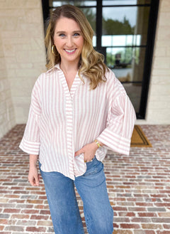 Comfy Coastal Button Down - Pink-200 Fashion Blouses-IN FEBRUARY-July & June Women's Fashion Boutique Located in San Antonio, Texas