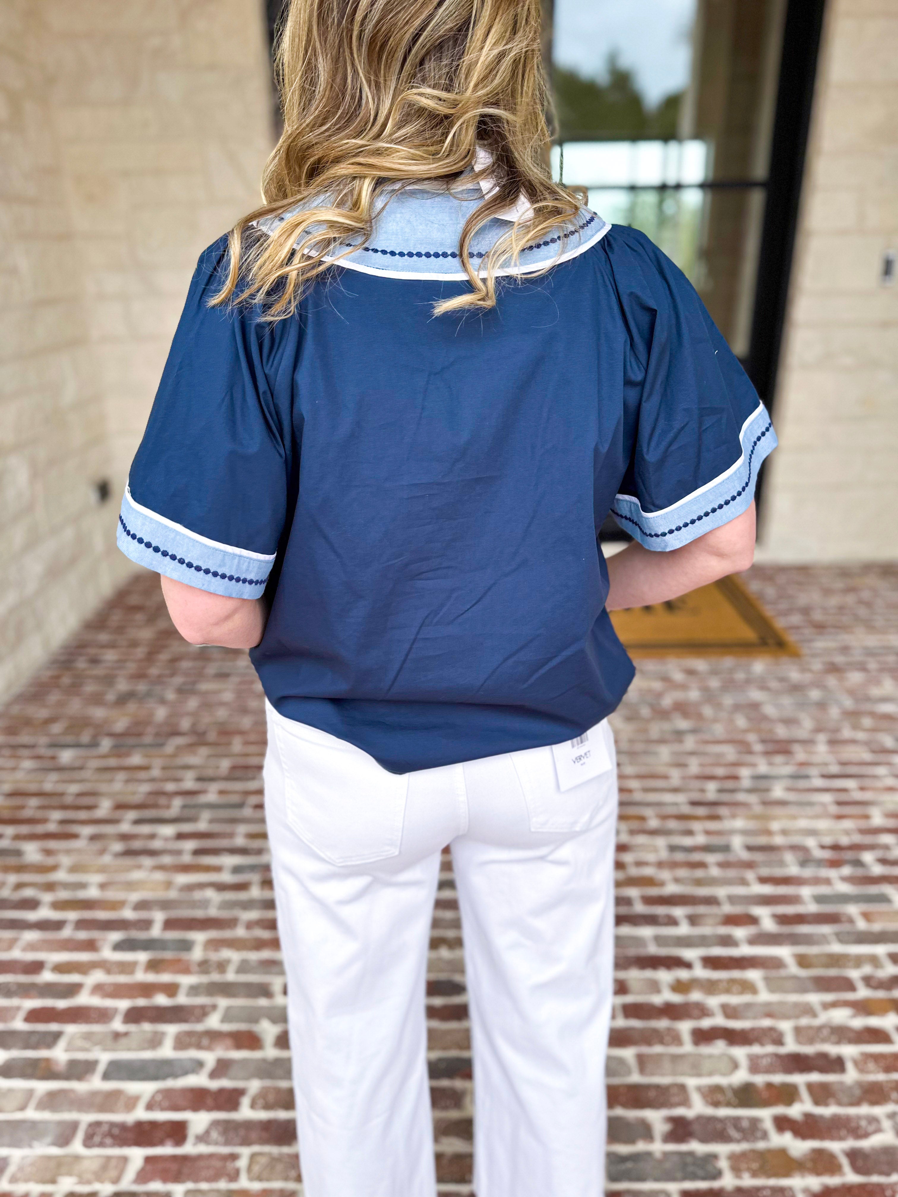 THML - Navy & Light Blue Blouse-200 Fashion Blouses-THML-July & June Women's Fashion Boutique Located in San Antonio, Texas
