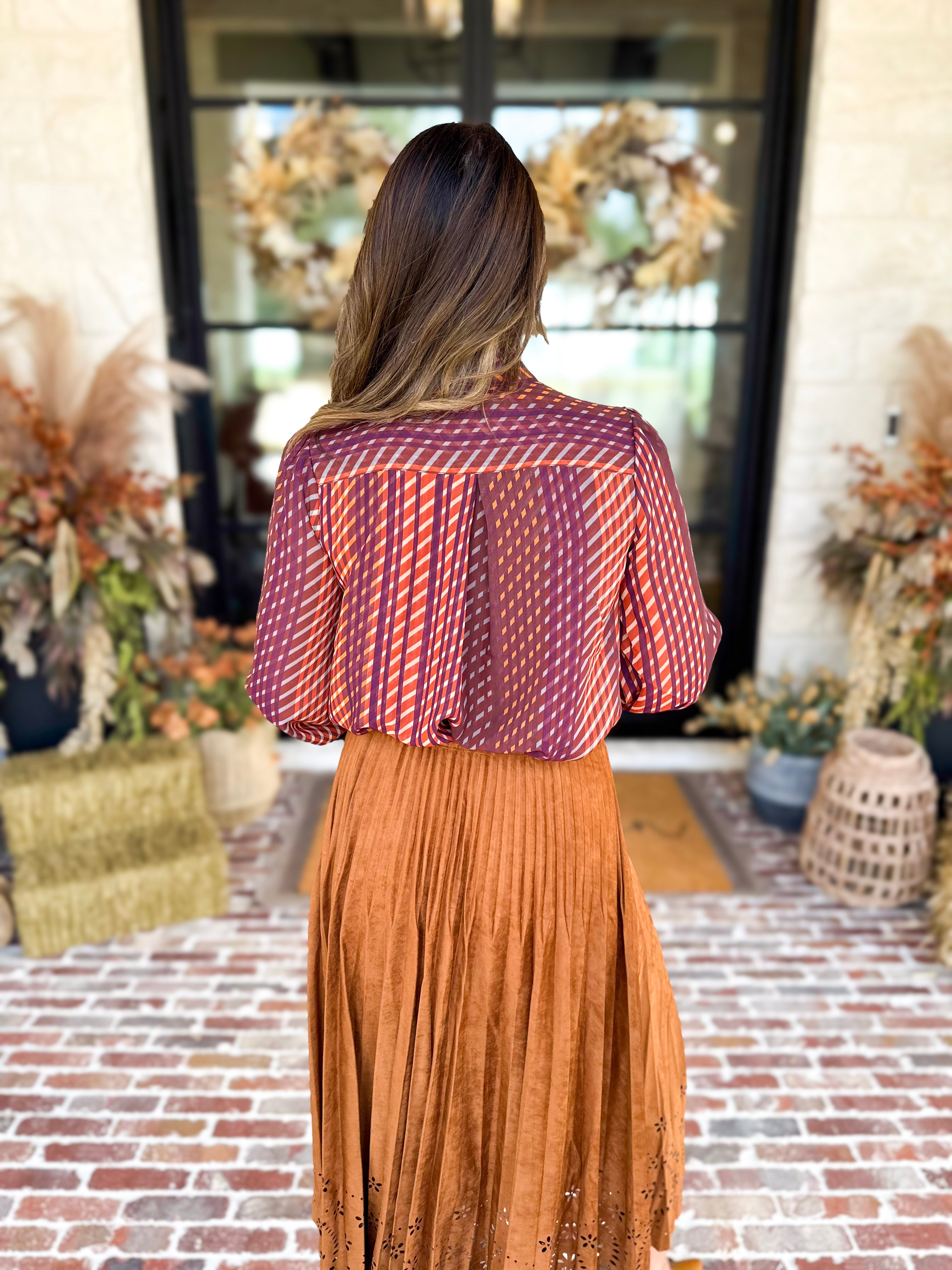 Liverpool - Fall Afterglow Neck Tie Blouse-200 Fashion Blouses-LIVERPOOL JEANS COMPANY-July & June Women's Fashion Boutique Located in San Antonio, Texas