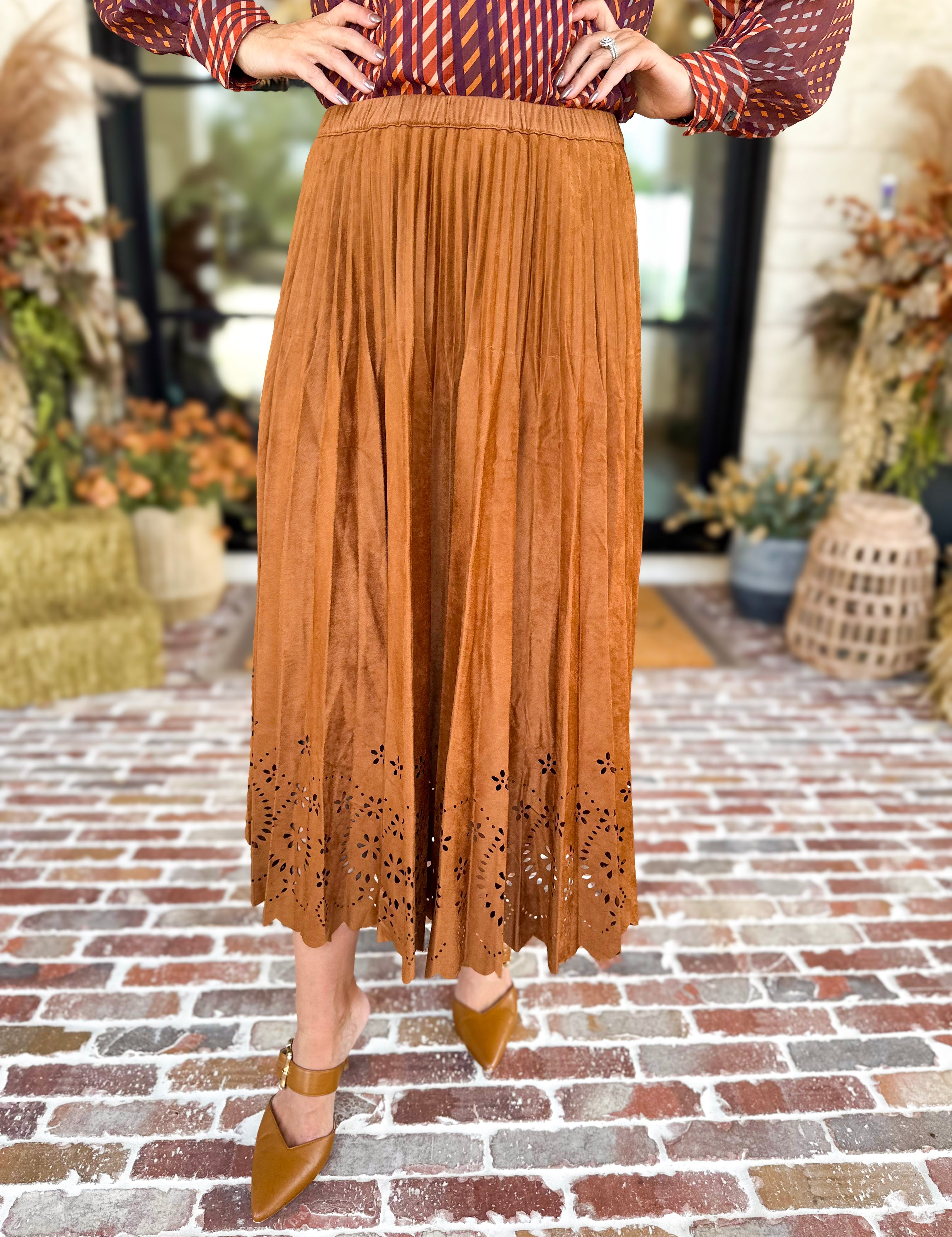 Current Air - Chestnut Fleur Suede Midi Skirt-410 Shorts/Skirts-CURRENT AIR CLOTHING-July & June Women's Fashion Boutique Located in San Antonio, Texas