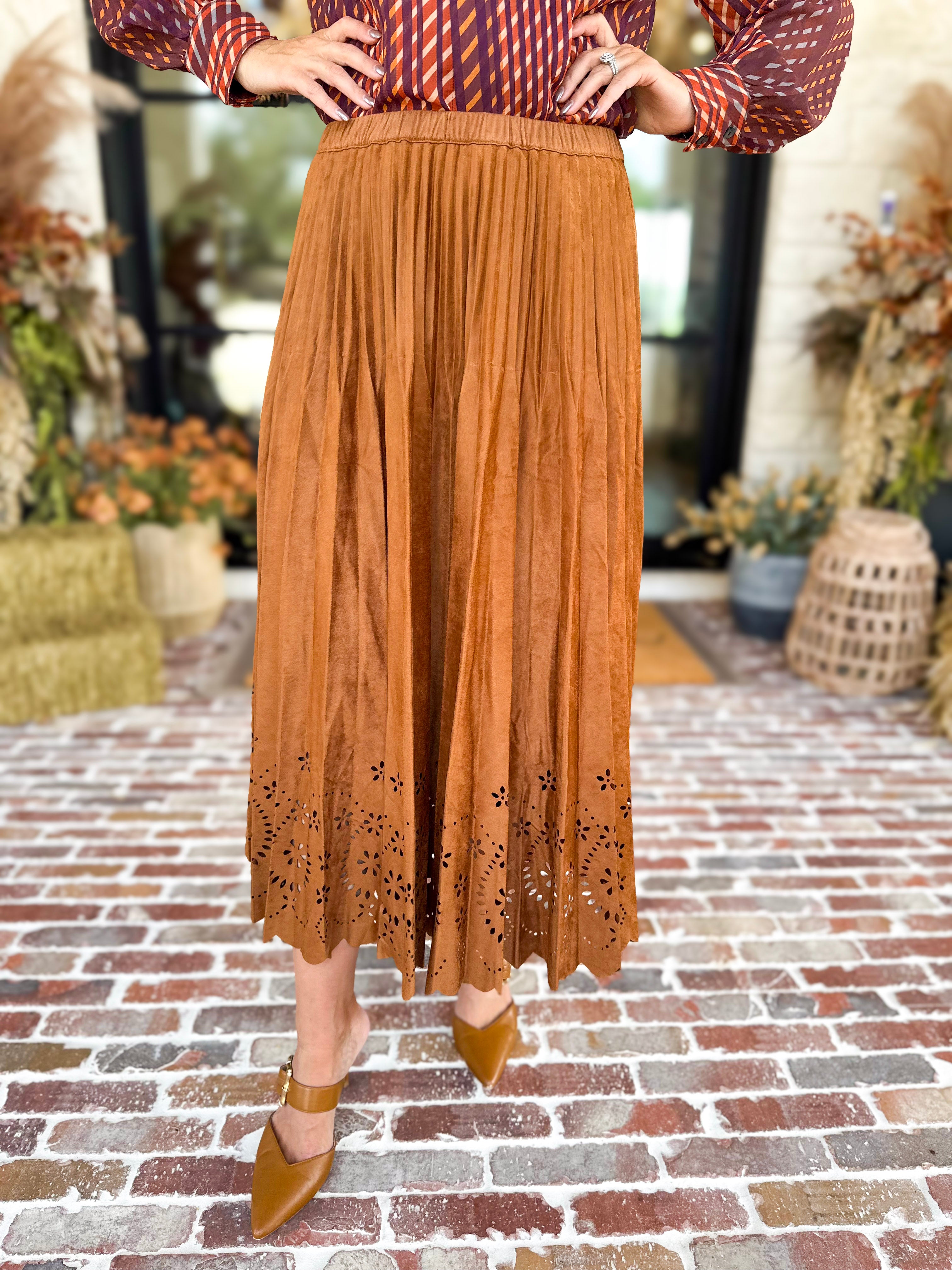 Current Air - Chestnut Fleur Suede Midi Skirt-410 Shorts/Skirts-CURRENT AIR CLOTHING-July & June Women's Fashion Boutique Located in San Antonio, Texas