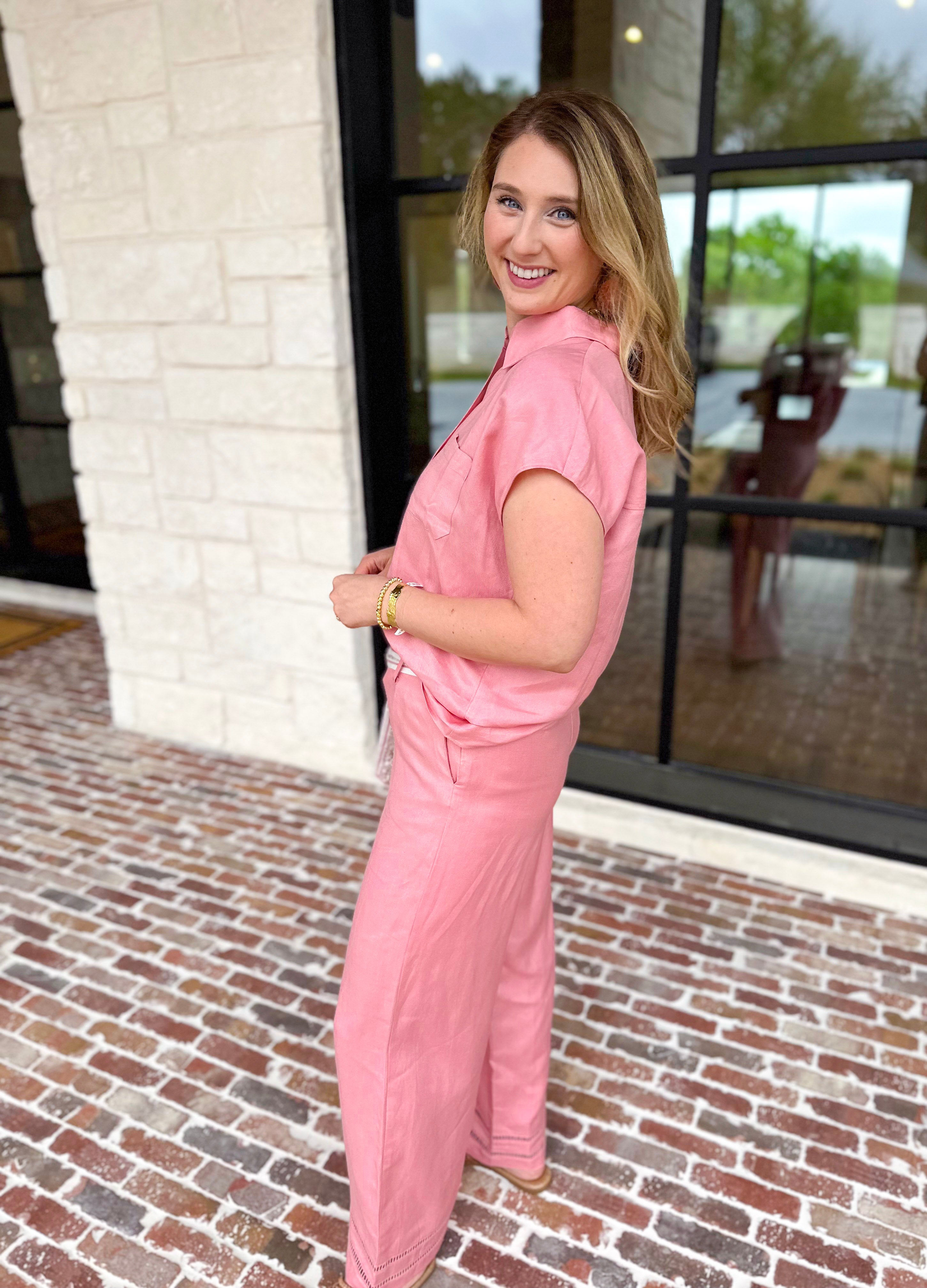 Current Air - Cap Sleeve Button Down Blouse - Pink-200 Fashion Blouses-CURRENT AIR CLOTHING-July & June Women's Fashion Boutique Located in San Antonio, Texas